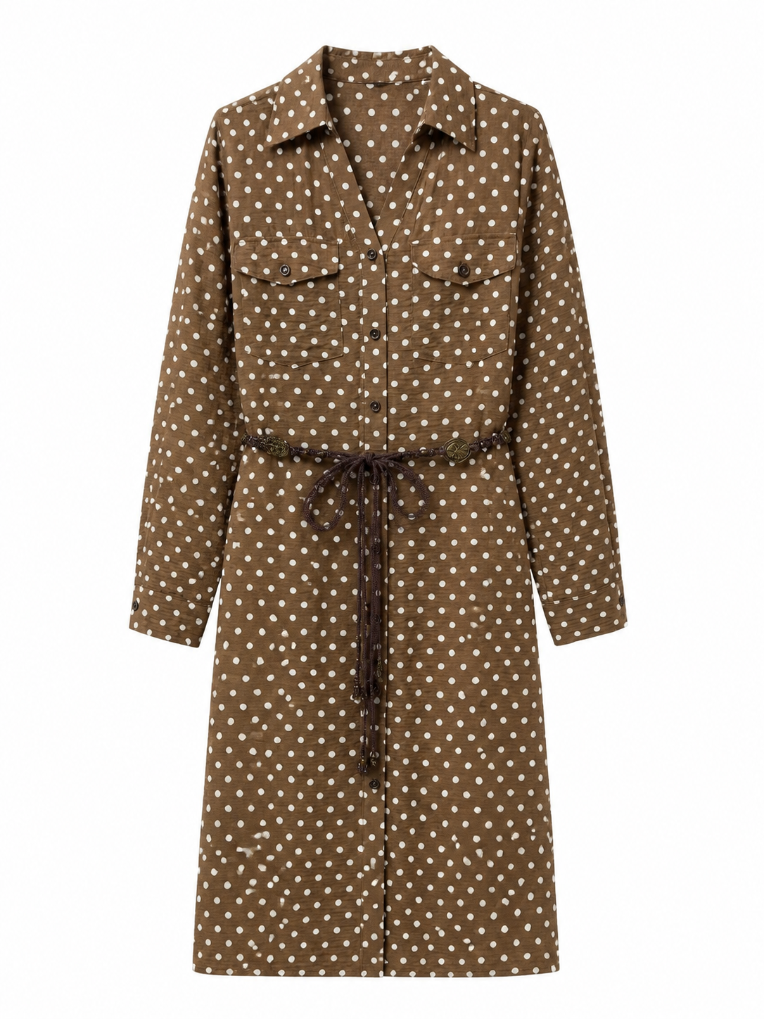 Elegant Coffee‑Color Polka‑Dot Long‑Sleeve Midi Dress For Office & Daily Outfit W-43315
