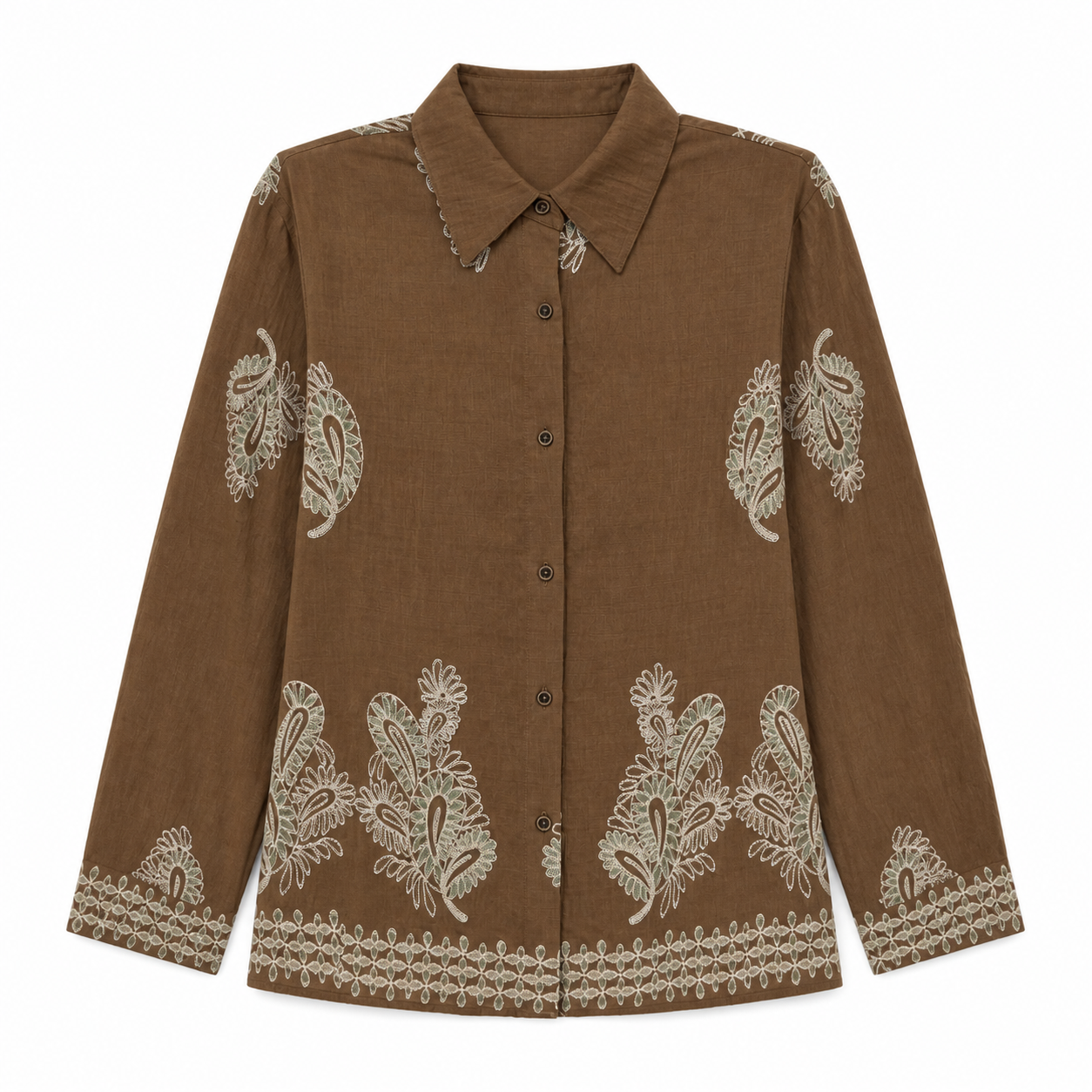 Boho‑Chic Paisley‑Embroidered Textured‑Fabric Loose Button‑Front Shirt W-43352