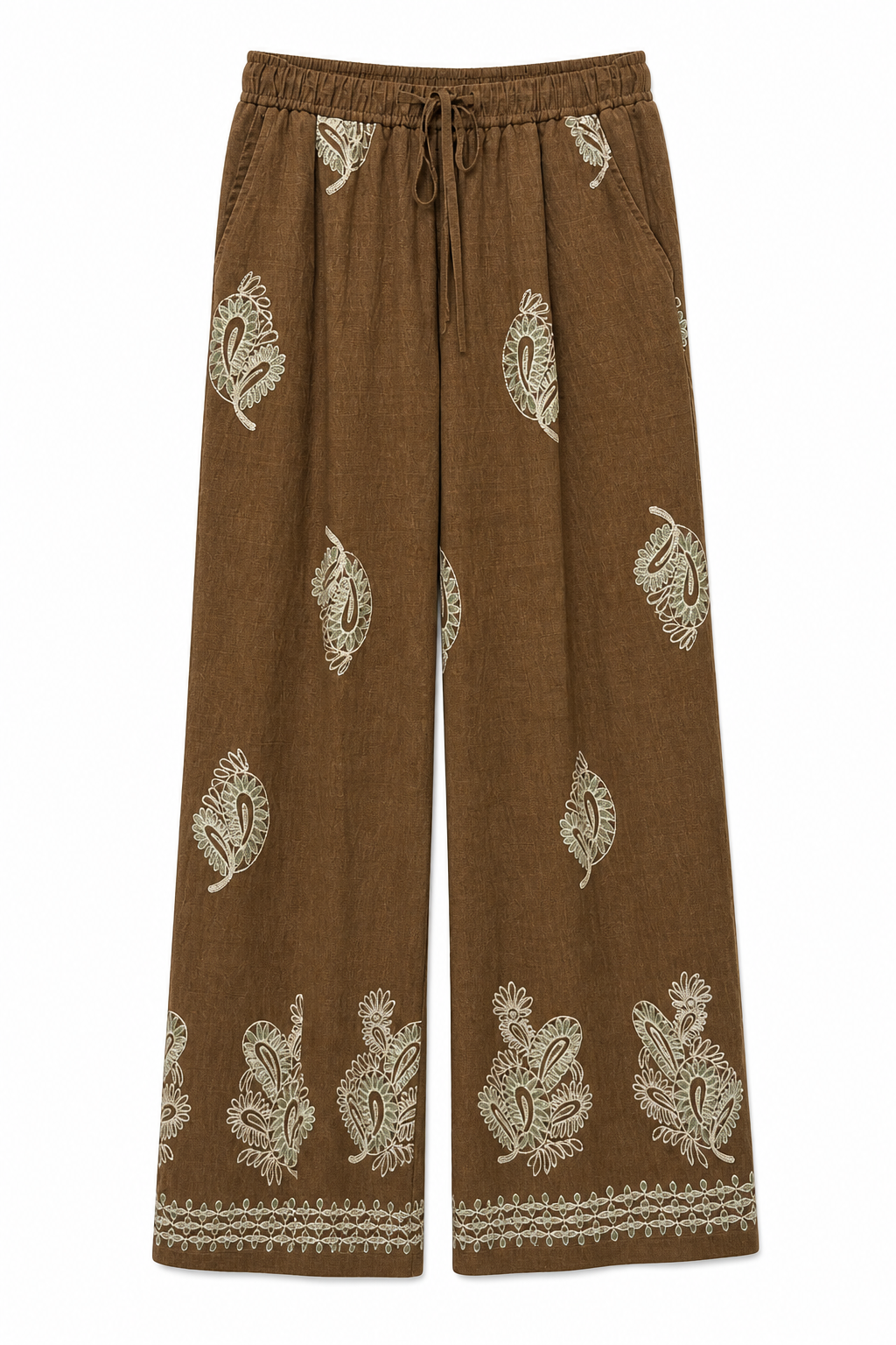 Brown Boho Floral‑Embroidered Wide‑Leg Pants, Elastic Drawstring High‑Waist Trousers With Pockets W-43353