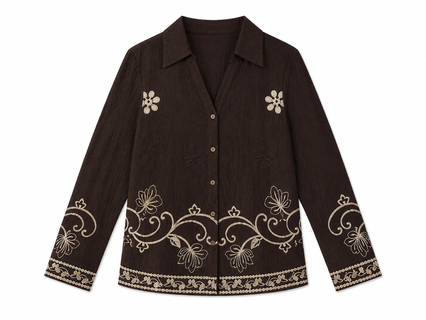 Dark‑Brown Bohemian Floral‑Embroidered Long‑Sleeve Blouse, Collared V‑Neck Loose‑Fit Shirt W-43455