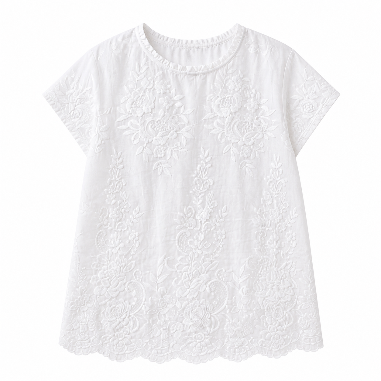 Ruffle Neck Floral‑Embroidered Tunic Blouse, Scalloped Lace Hem Casual Shirt W-43494