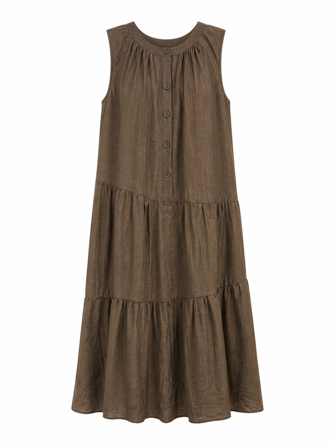 Women's Brown Sleeveless Tiered Midi Dress, Round‑Neck Button‑Front Loose‑Fit Casual Long Dress 