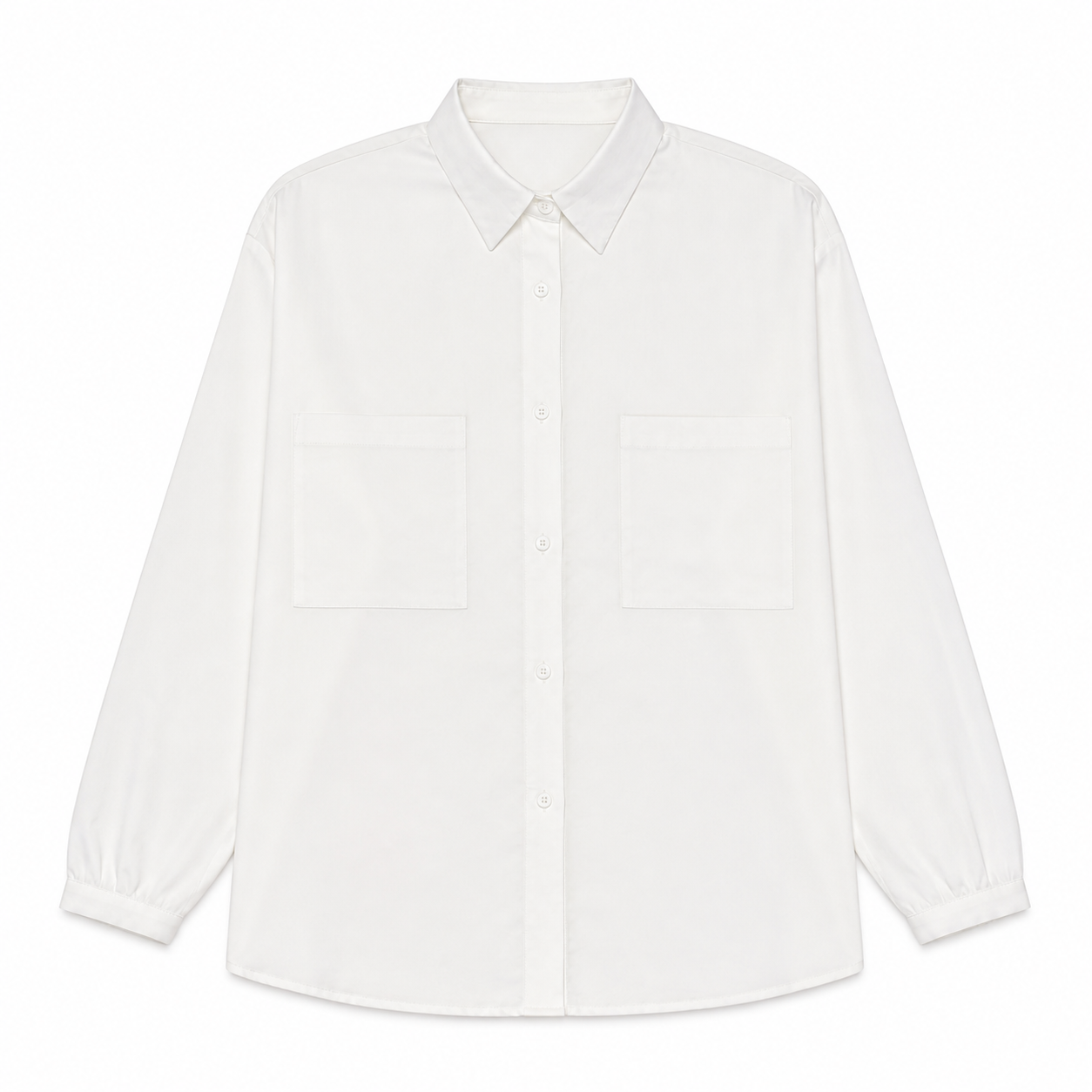 Basic Oversized White Cotton‑Feel Shirt, Two Patch Pockets Long‑Sleeve Button‑Up Top For Women A-41598