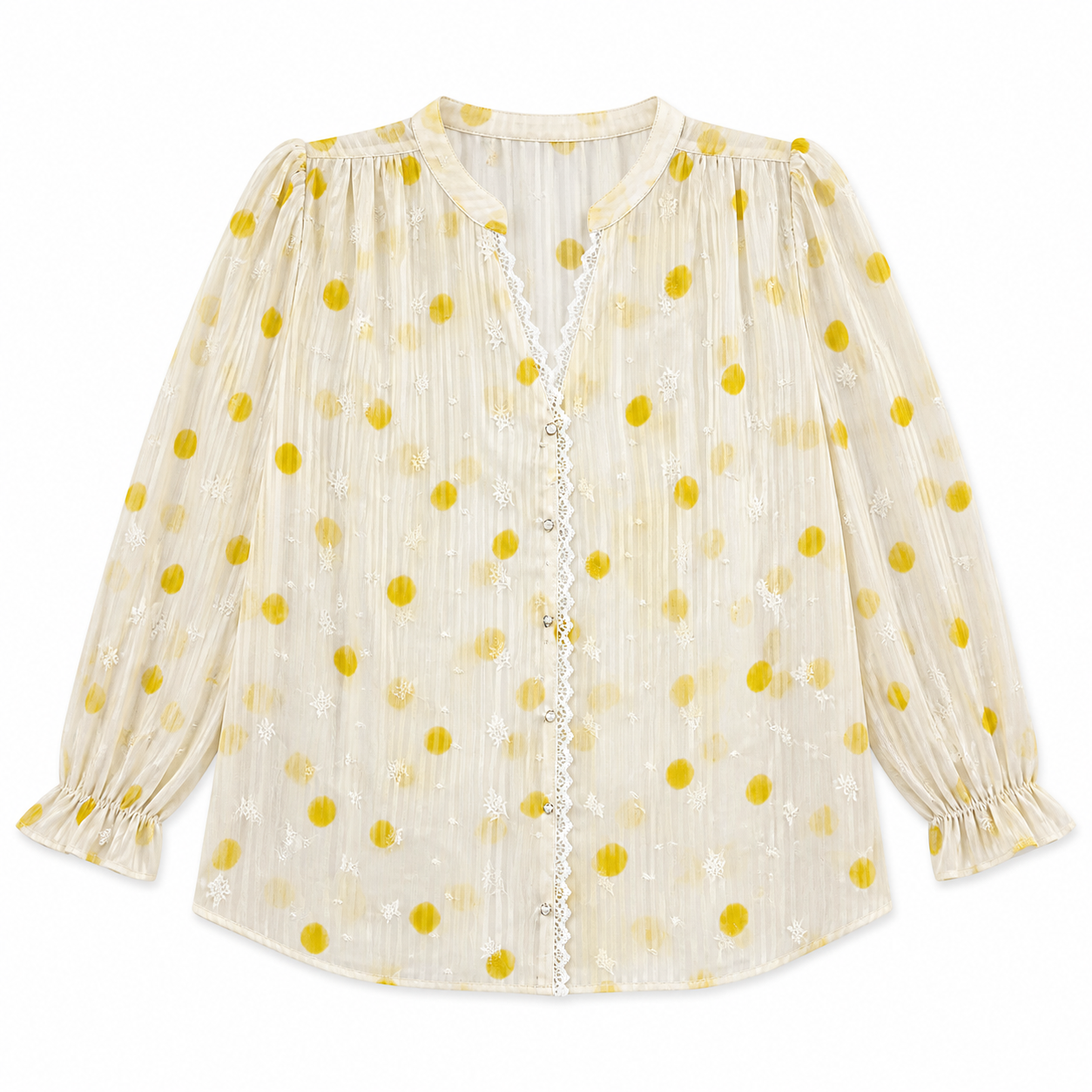 Chic White‑Yellow Dot Print Lace‑Trim Blouse, Stand Collar Flounce Cuff Loose‑Fit Top A-42439