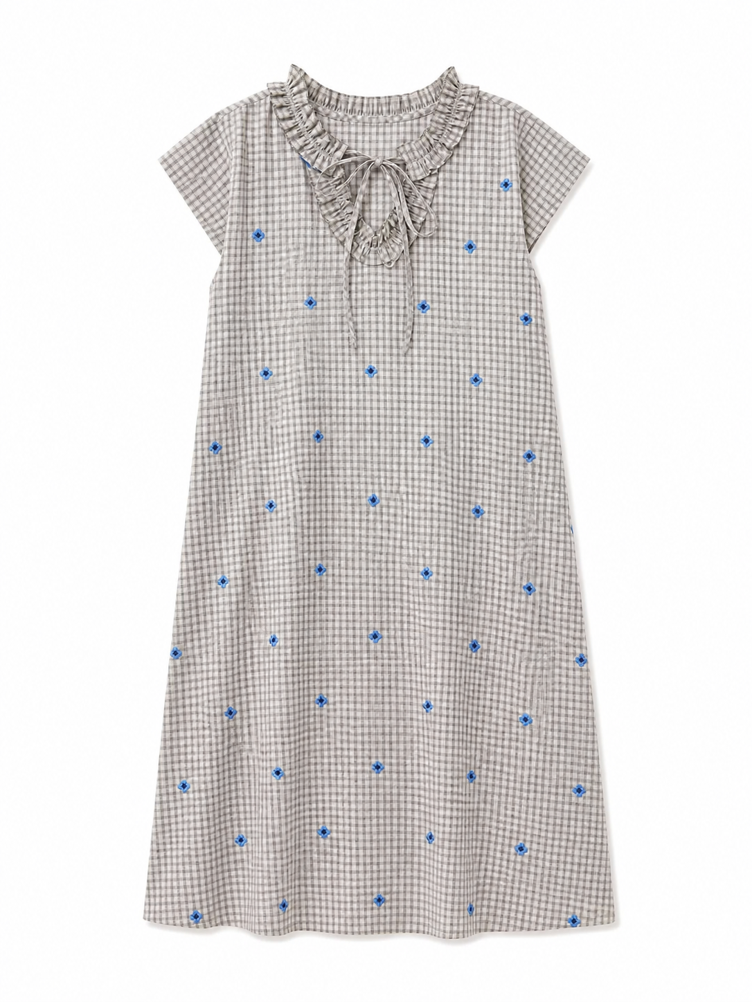 Vintage Plaid Floral‑Stitch Loose Dress, Ruffled Tie‑Neck Cap‑Sleeve Daily‑Vacation Midi Dress A-42657