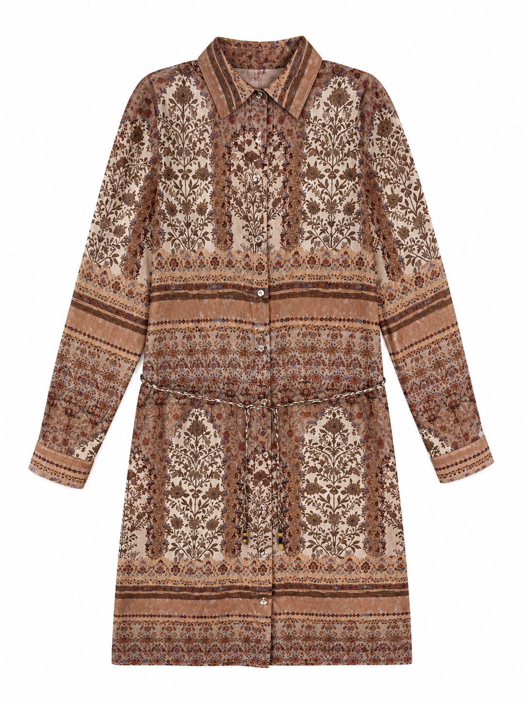 Women's Boho Vintage Floral Print Shirt Dress, Collared Long‑Sleeve Button‑Front Belted Midi Dress A-43049