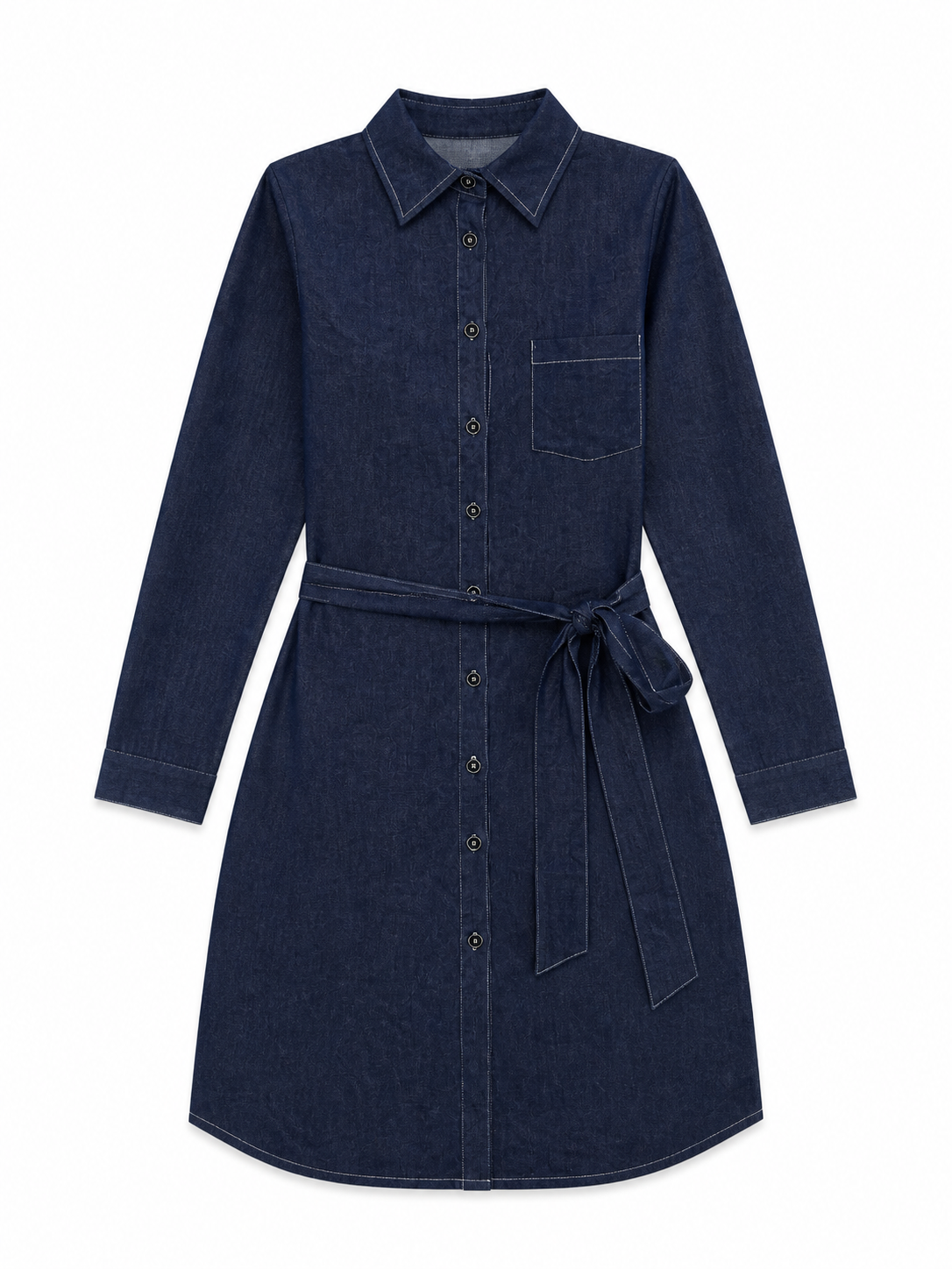 Elegant Dark Wash Denim Midi Dress, Collared Long‑Sleeve Waist‑Tie Button‑Down Casual Dress For Women A-43054