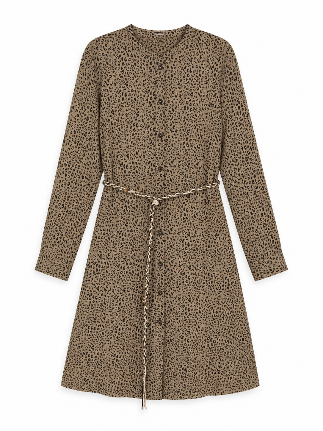 Women's Leopard Print Midi Dress, Round‑Neck Long‑Sleeve Button‑Front Braided Belt Waist‑Tie Casual Dress A-43188