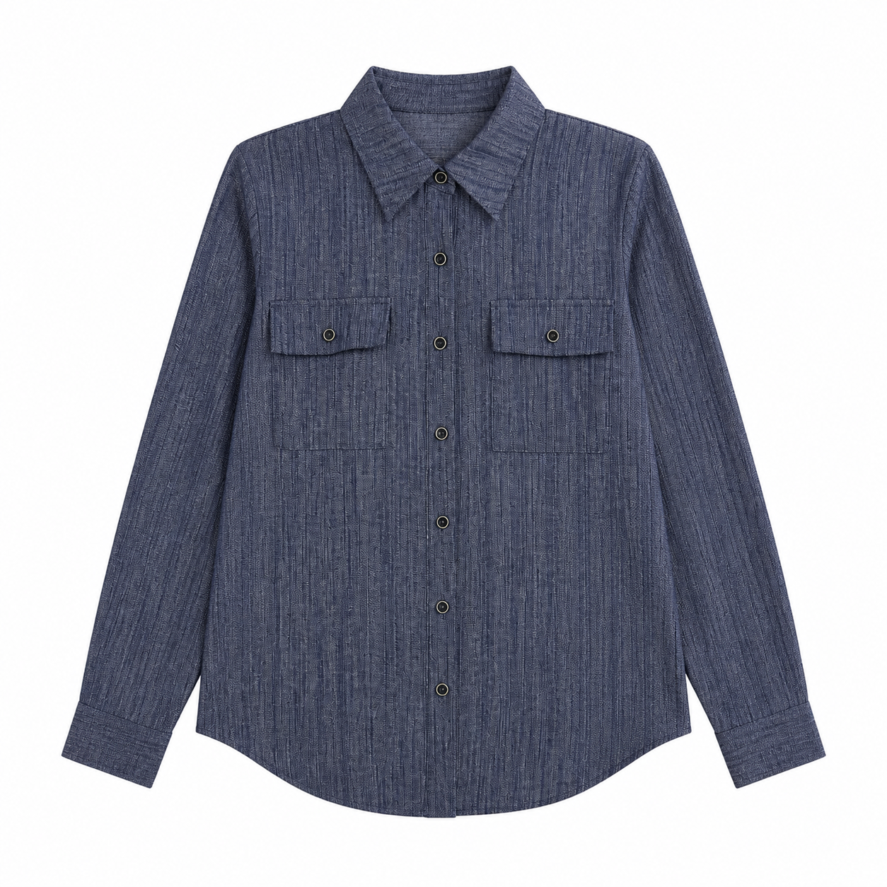 Chic Textured Dark Blue Loose Shirt, Turn‑Down Collar Long‑Sleeve Dual‑Pocket Casual Utility Blouse A-43392