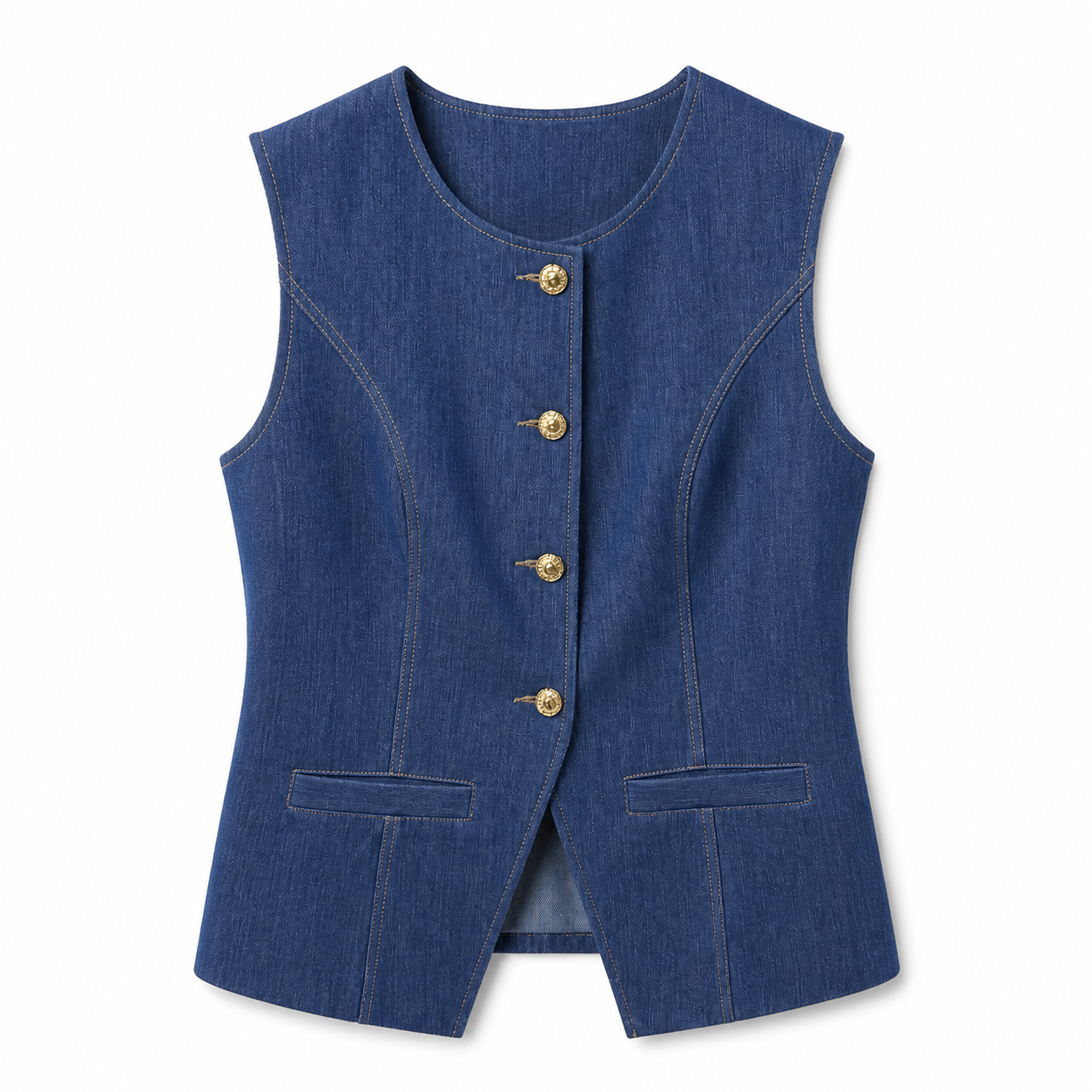 Women's Blue Fitted Denim Waistcoat Vest, Round‑Neck Sleeveless Gold‑Button‑Front Pocket Casual Layering Top C-41270