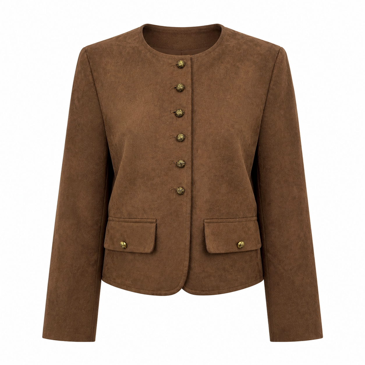 Women's Brown Faux‑Suede Cropped Jacket, Round‑Neck Long‑Sleeve Gold‑Button‑Front Dual‑Pocket Vintage Fall Outerwear C-41555