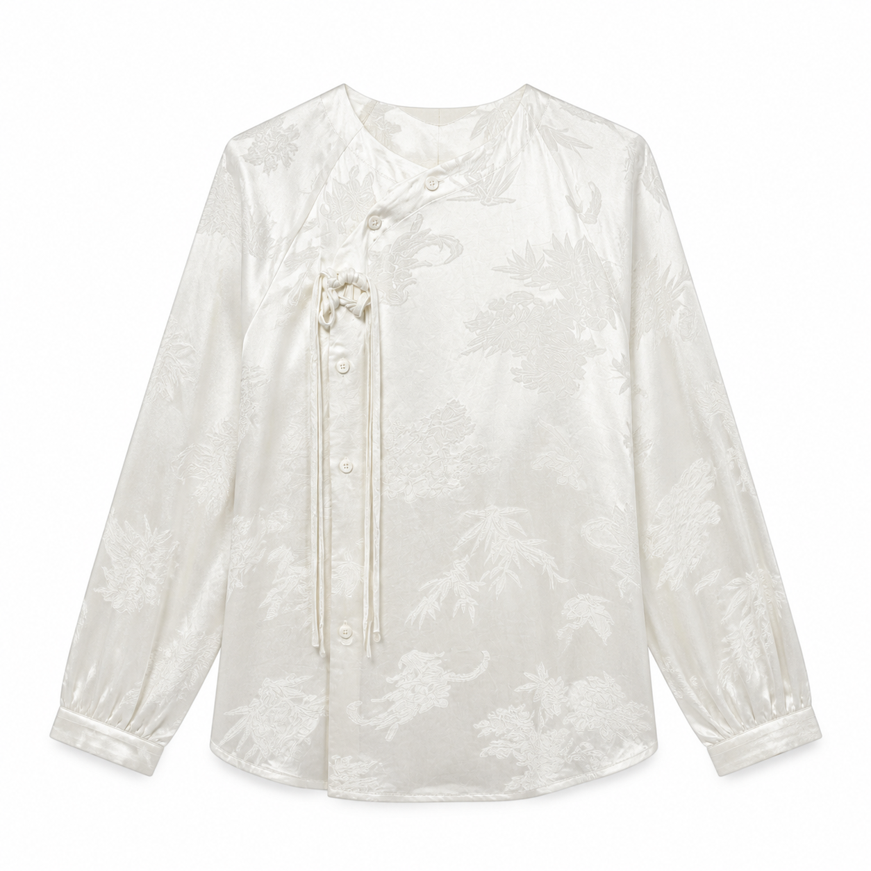 Elegant White Satin Frog‑Button Tunic Shirt, New Chinese‑Style Round‑Neck Long‑Sleeve Loose‑Fit Jacquard Dressy Blouse W-38227
