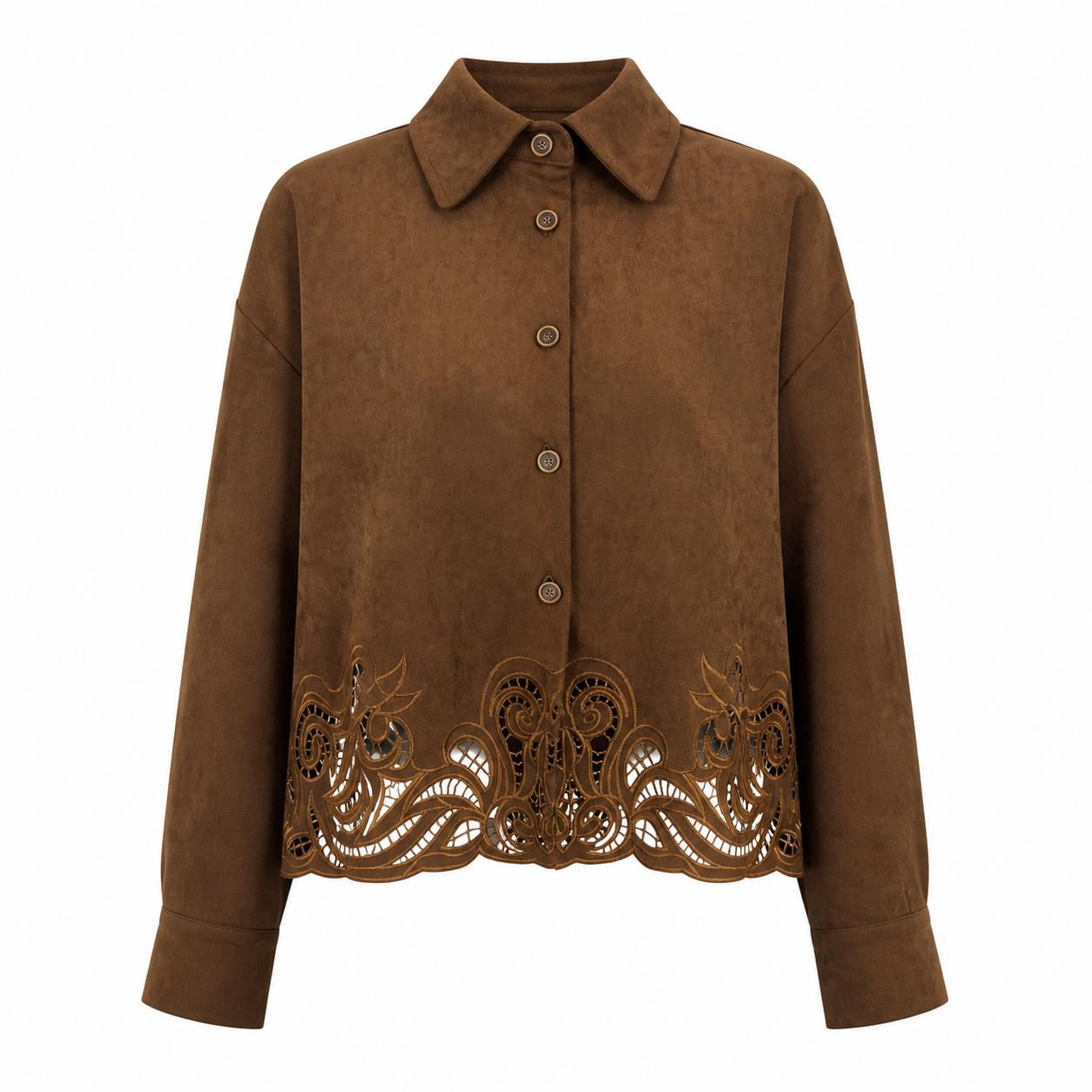 Boho‑Style Long‑Sleeve Button‑Down Cutwork Hem Casual Shirt C-43257