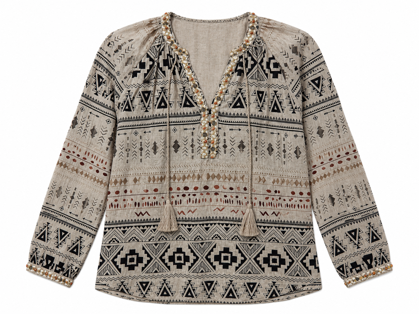 Chic Ethnic‑Print Boho Blouse, V‑Neck Tassel Detail Beaded Embroidery Long‑Sleeve Relaxed‑Fit Casual‑Vacation Tunic Top W-41402