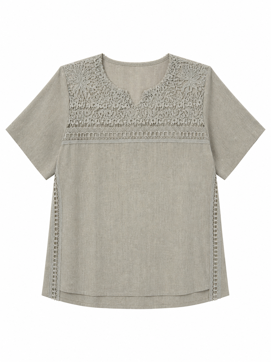 Women's Oatmeal Linen Lace‑Yoke Blouse, Round‑Neck Cut‑Work Lace Shoulder Short‑Sleeve Side‑Slit Loose‑Fit Casual Top W-42900