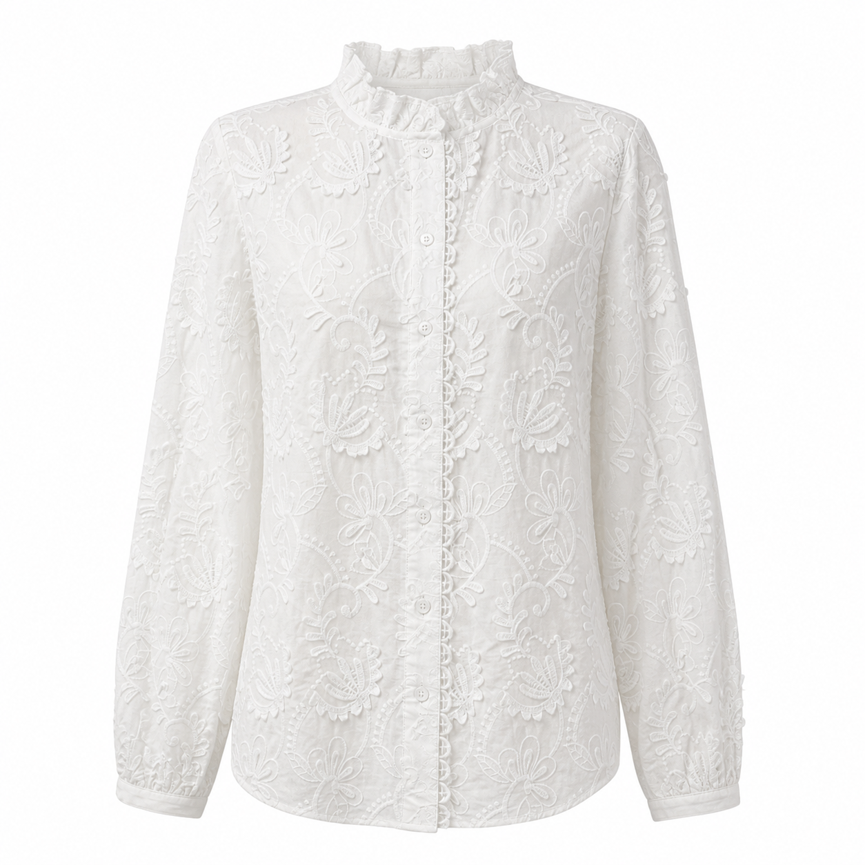 White Floral‑Embroidered Long‑Sleeve Blouse With Ruffled High Neck C-43258