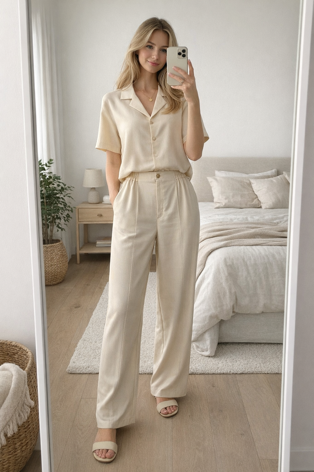 Minimalist Wide Leg Linen Blend Pants with Elastic Waist C-42201