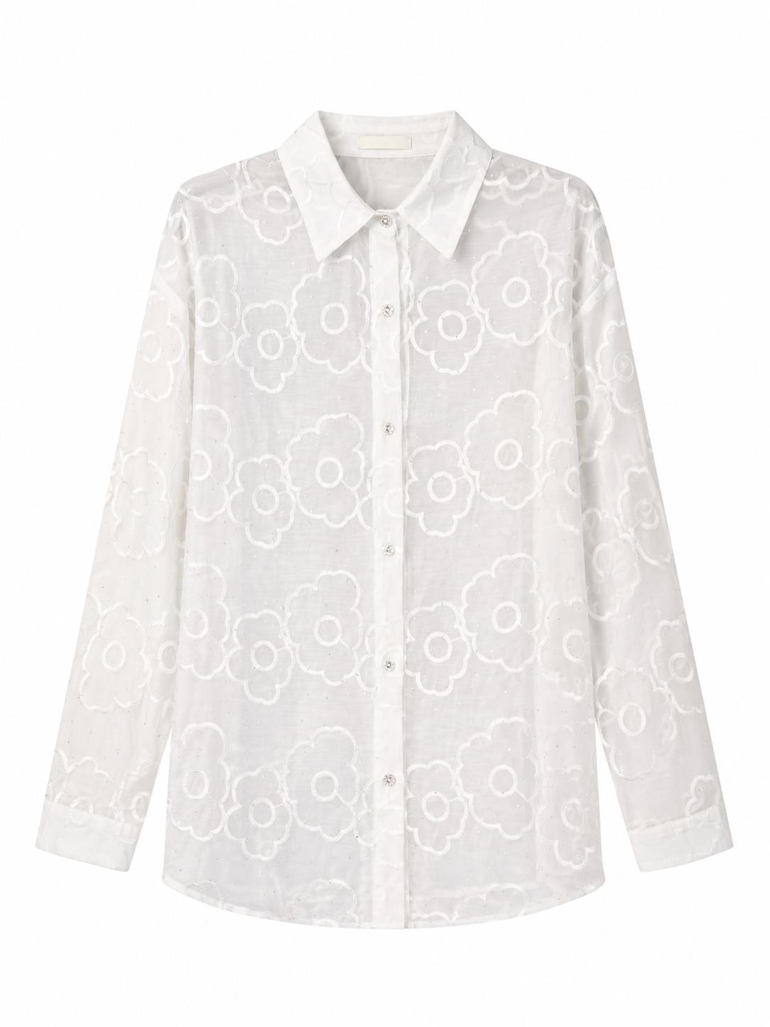 Casual Chic Sheer Floral Shirt - White 3D Flower Embroidered Button Up Blouse  C-41064