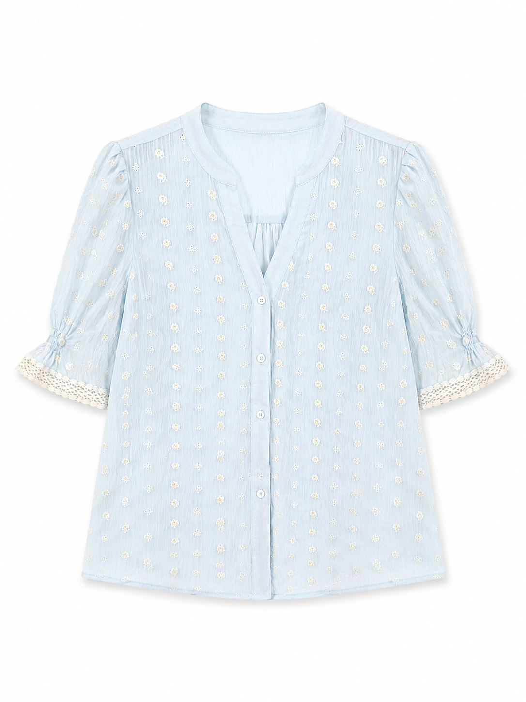 Women’s Floral Embroidered Lace Trim Short Sleeve Blouse AN-760004