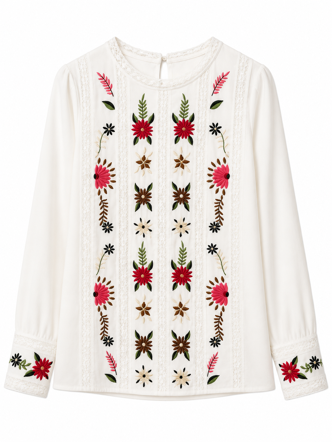 Boho Floral Embroidered Lace Panel Long Sleeve Women’s Blouse D-41966