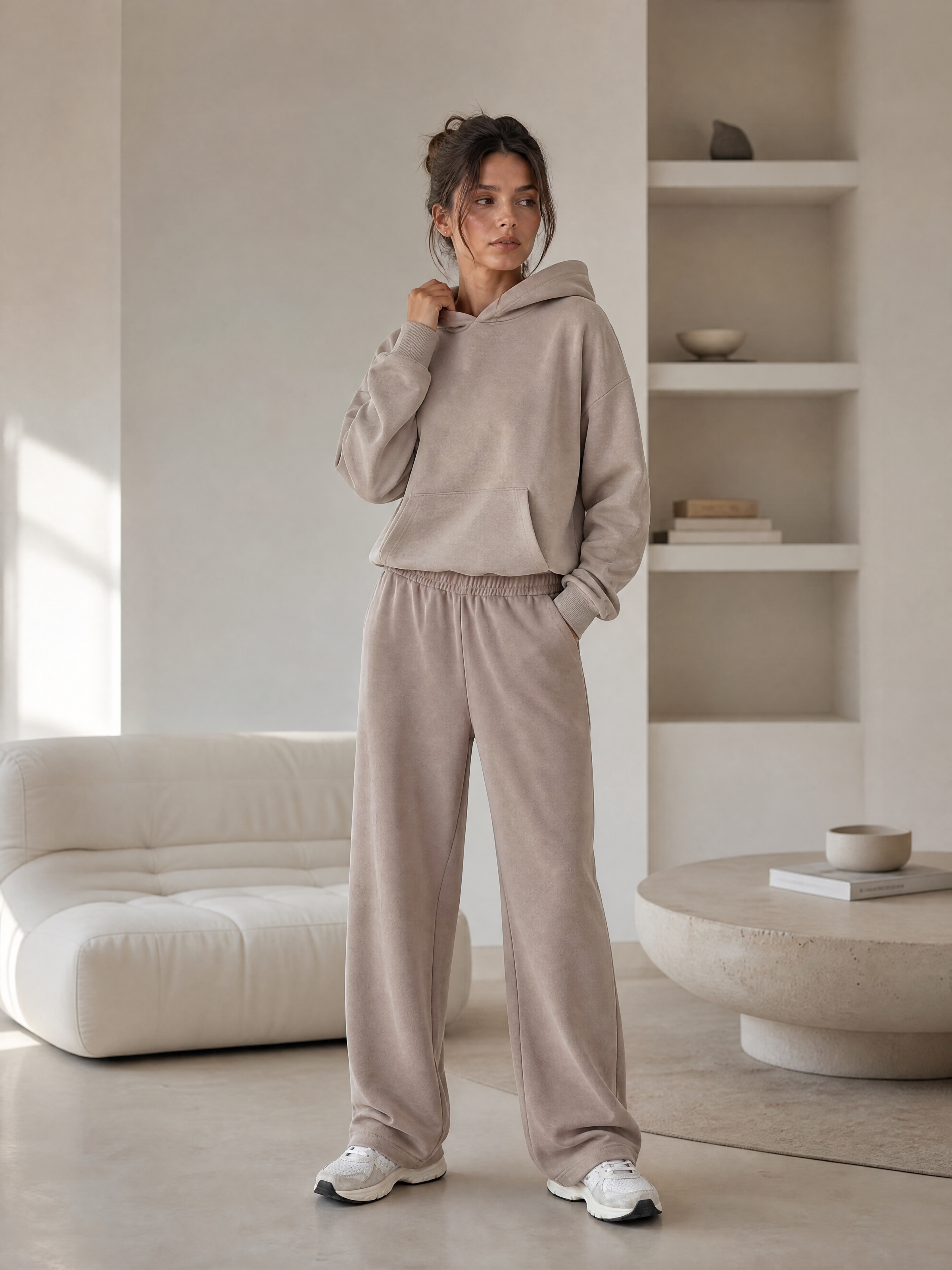 Women's Taupe High-Waist Wide-Leg Sweatpants W-39137
