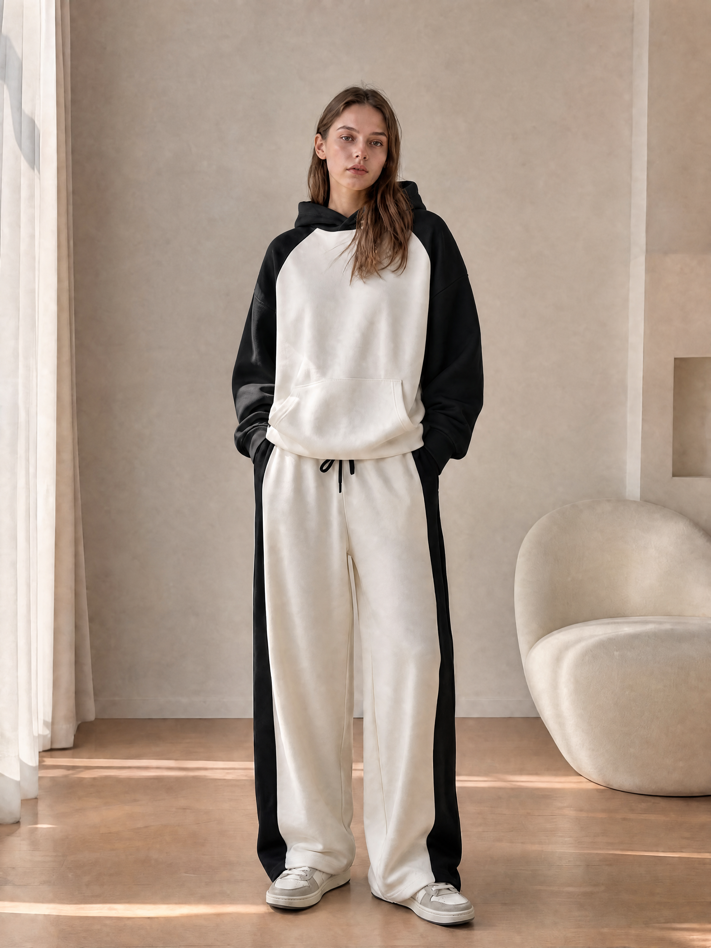Women's Black and Cream Colorblock Wide-Leg Track Pants 3823