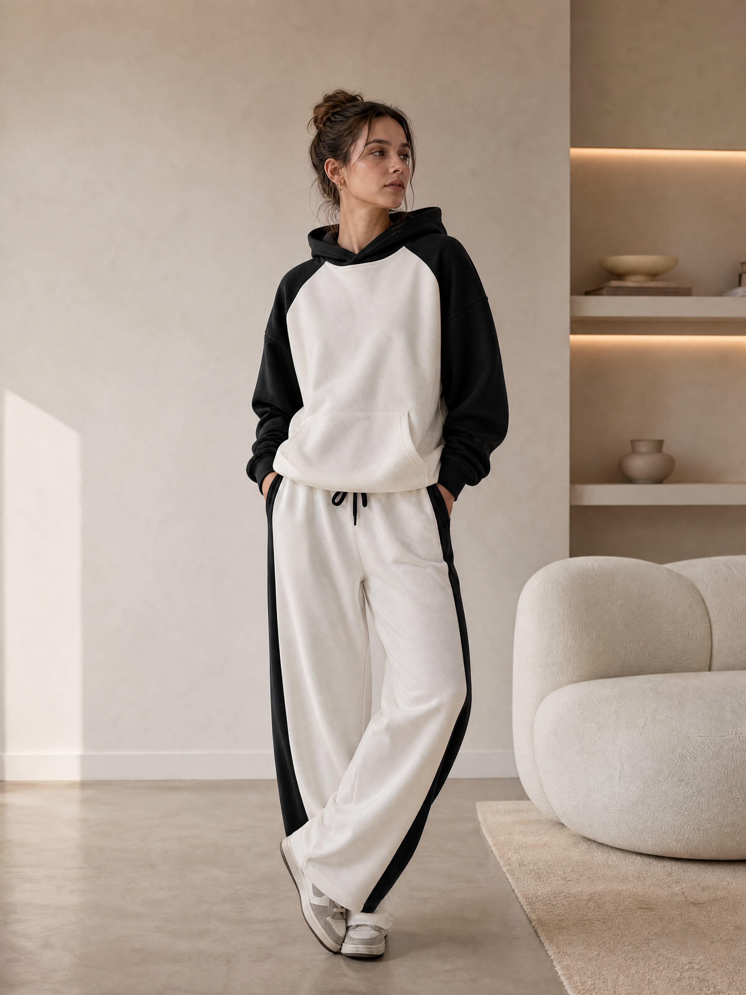 Women's Black and Cream Colorblock Wide-Leg Track Pants 3823