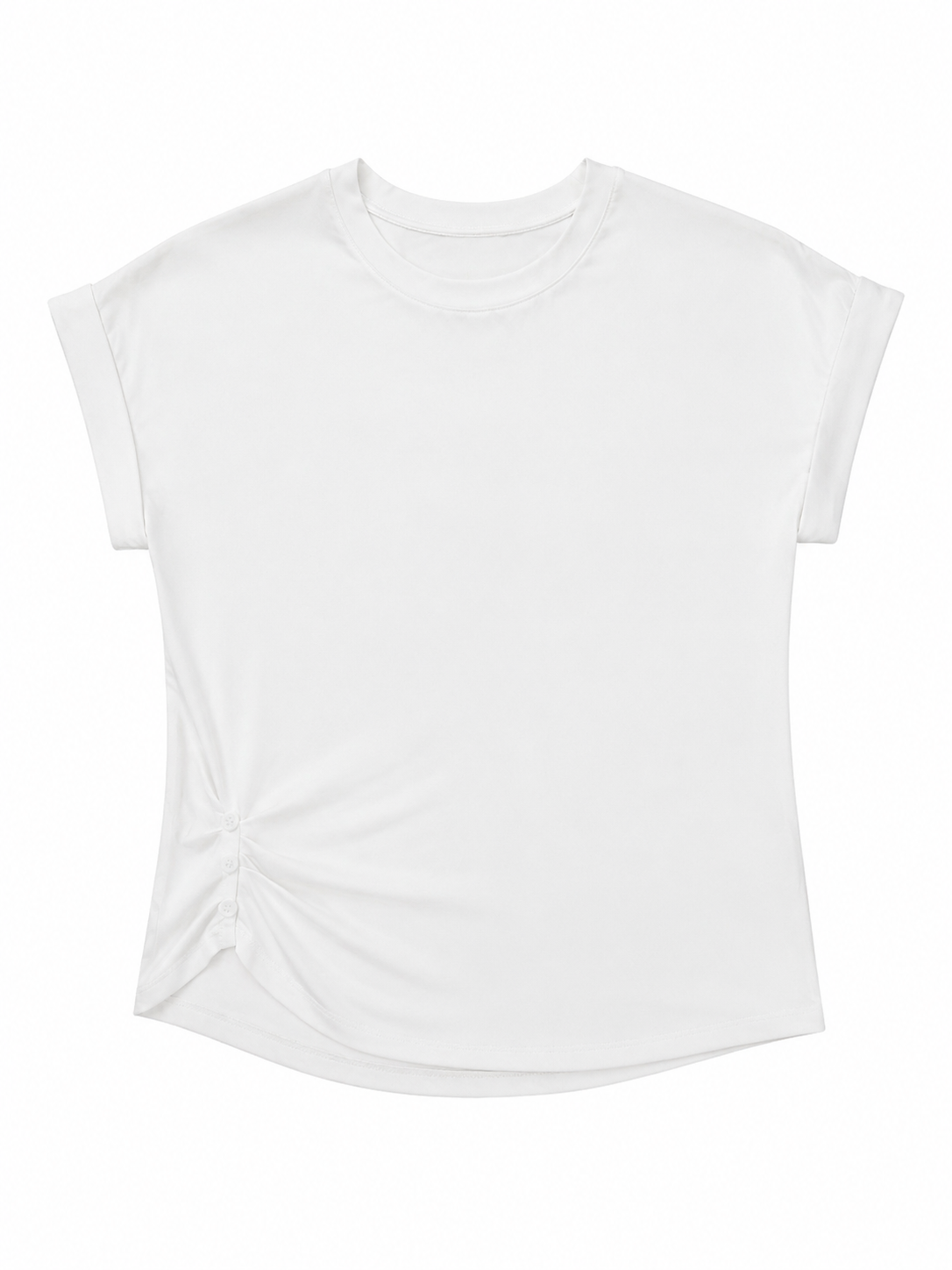 Women's White Side‑Twist Knot T‑Shirt, Round‑Neck Rolled Cap‑Sleeve Asymmetrical Hem Casual Summer Top C-41888