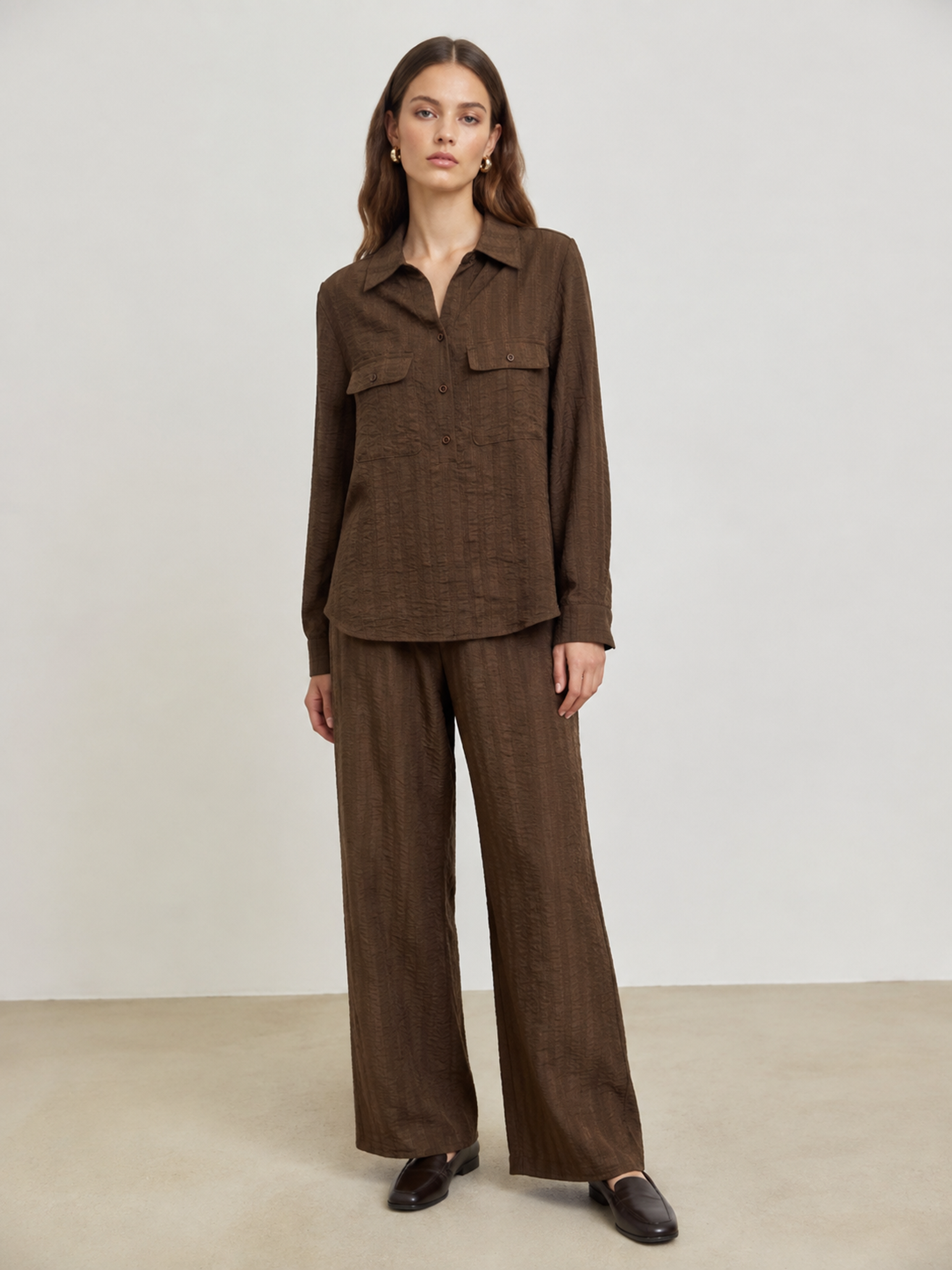 Dark‑Brown Textured Stripe Half‑Button Collared Long‑Sleeve Blouse With Chest Pockets W-43402