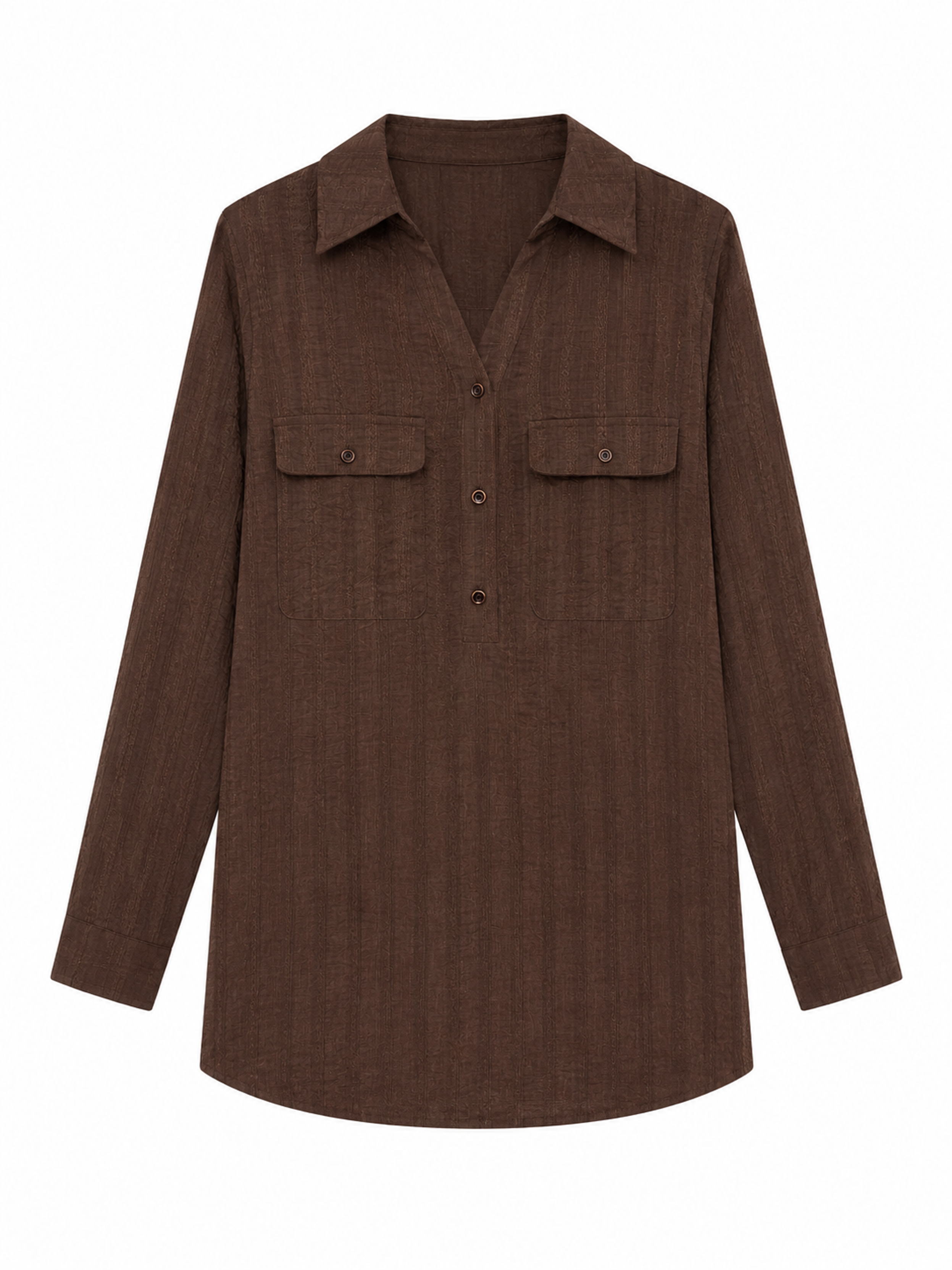 Dark‑Brown Textured Stripe Half‑Button Collared Long‑Sleeve Blouse With Chest Pockets W-43402