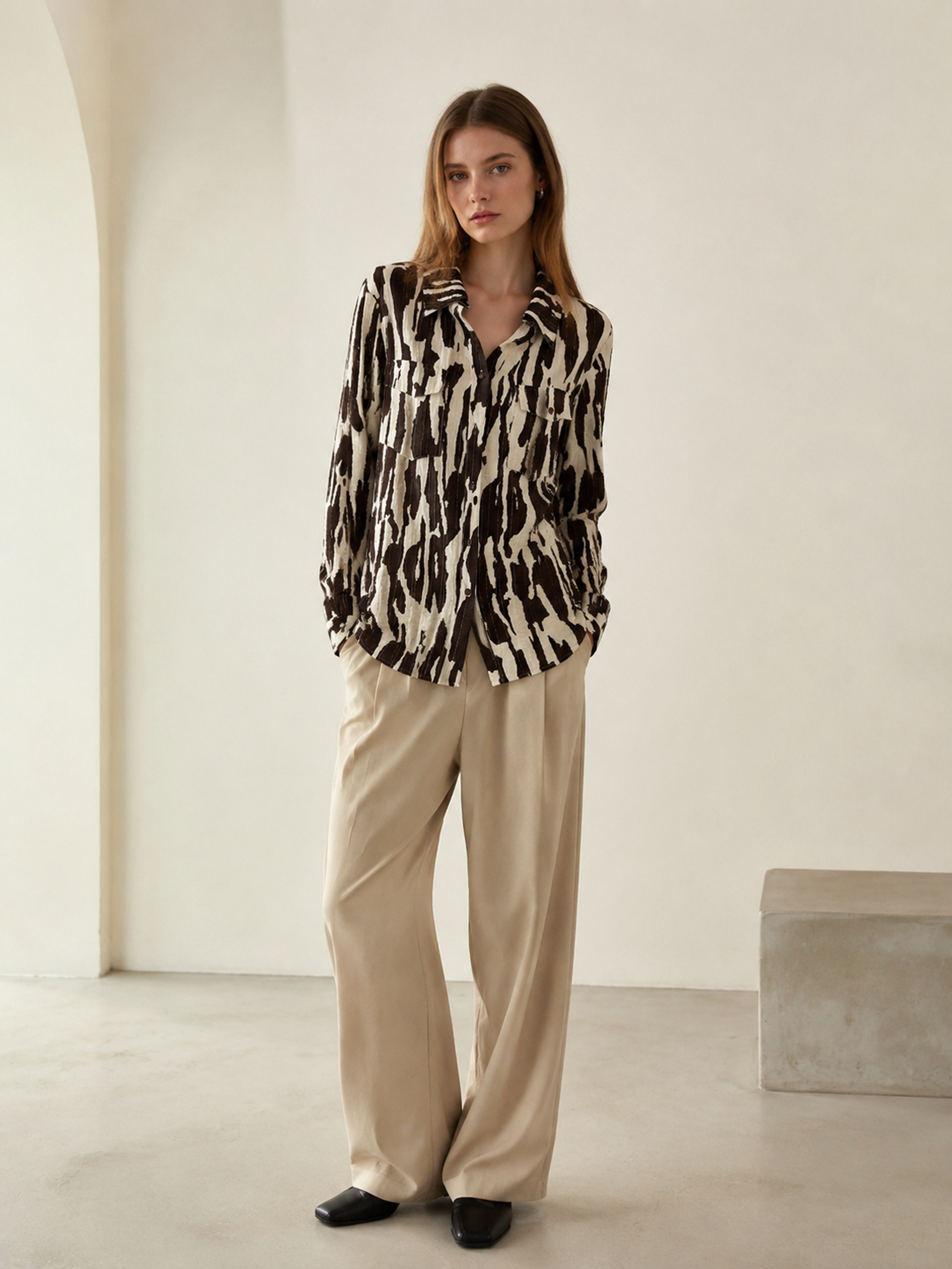 Relaxed Fit Animal Print Lapel Shirt With Double Chest Pockets Daily Casual Top W-43483