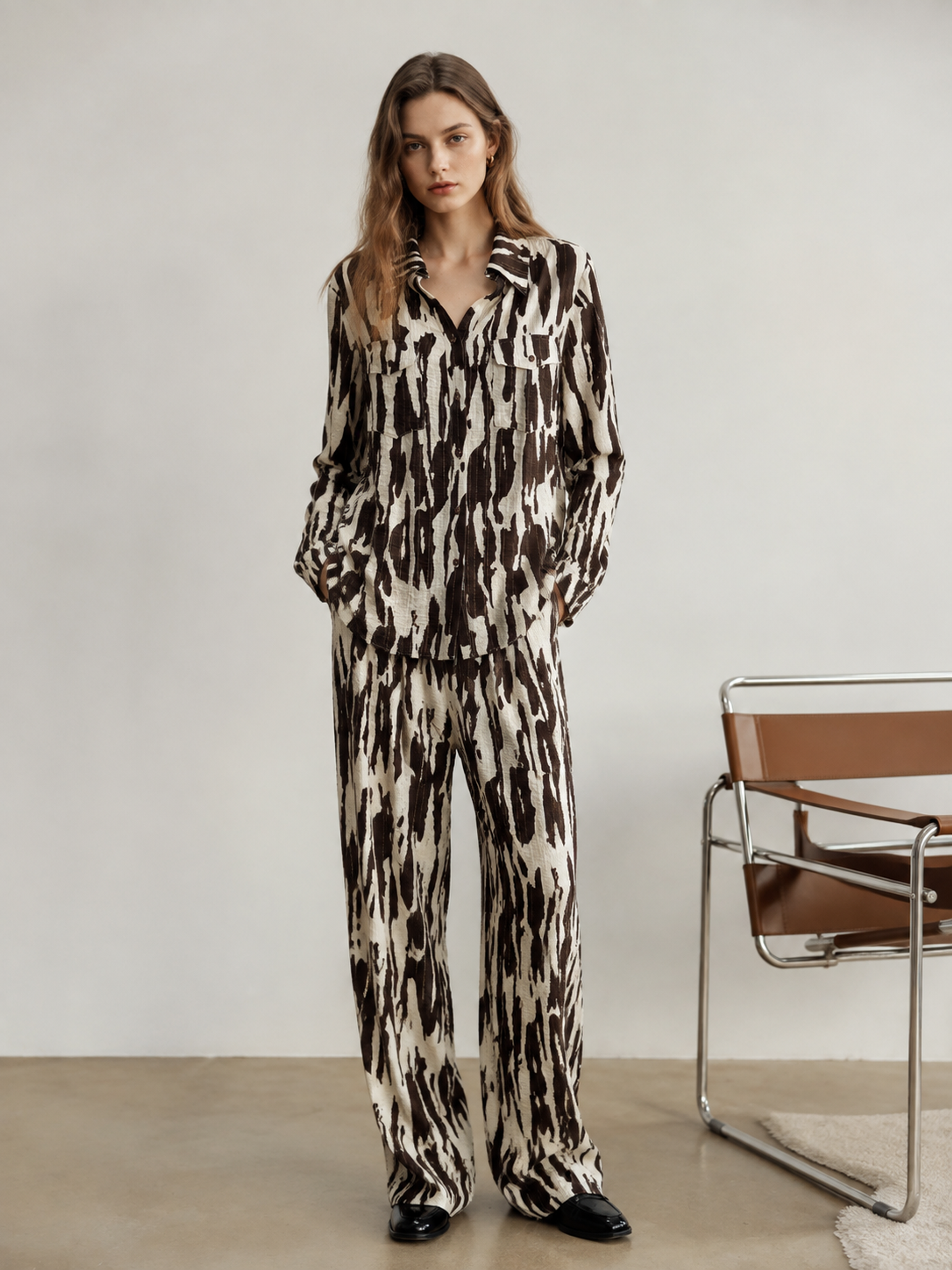 Relaxed Fit Animal Print Lapel Shirt With Double Chest Pockets Daily Casual Top W-43483