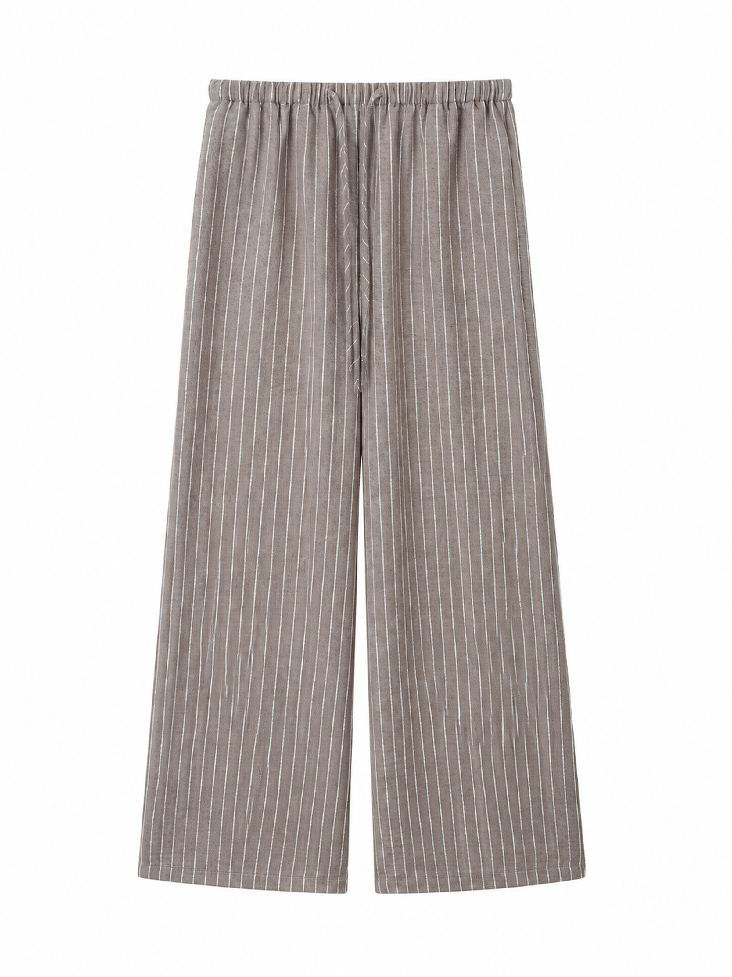 Chic Grey‑Brown Striped Linen Wide‑Leg Pants, Elastic Waist Daily‑Wear Bottoms W-43489