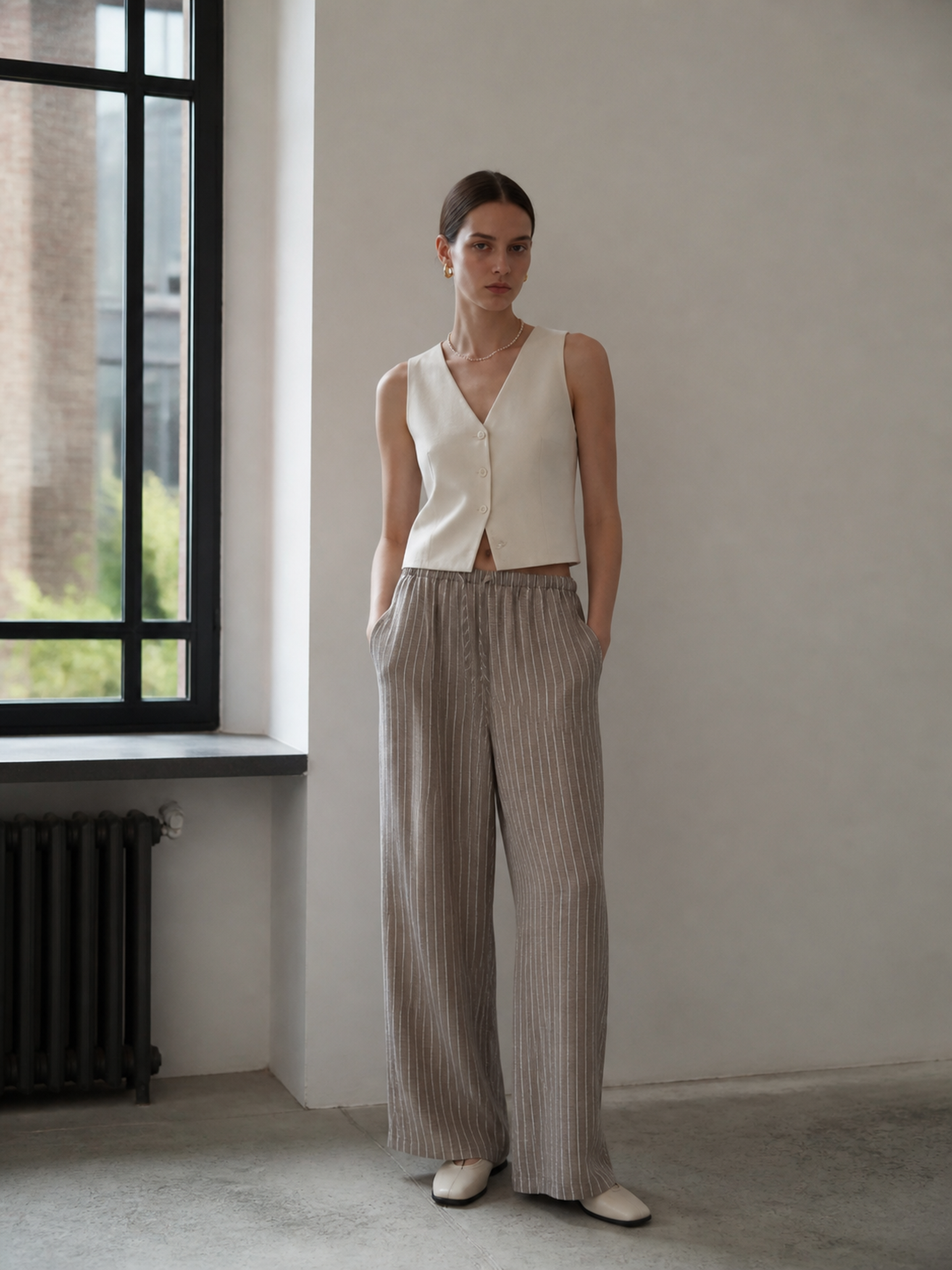 Chic Grey‑Brown Striped Linen Wide‑Leg Pants, Elastic Waist Daily‑Wear Bottoms W-43489