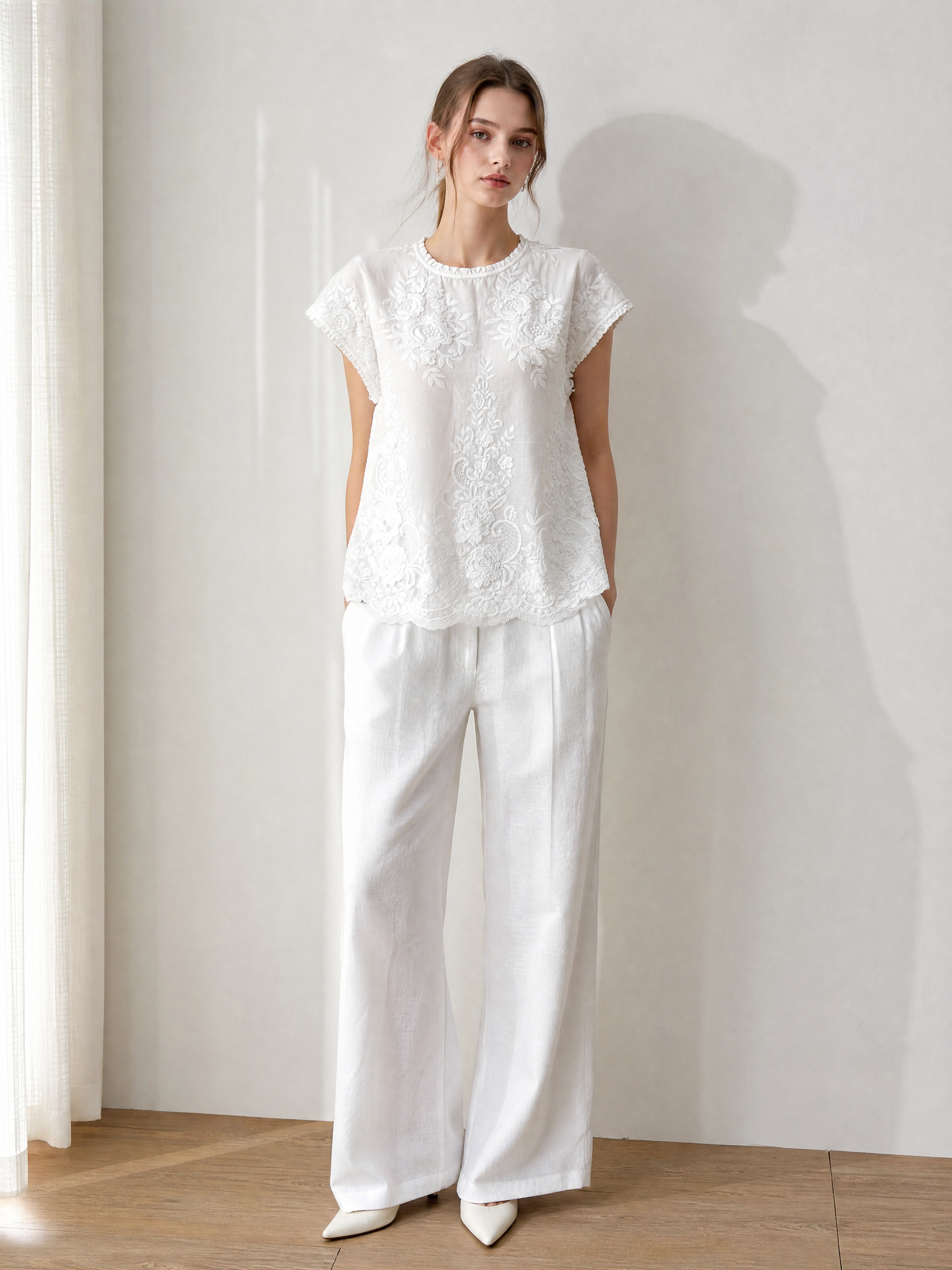 Ruffle Neck Floral‑Embroidered Tunic Blouse, Scalloped Lace Hem Casual Shirt W-43494