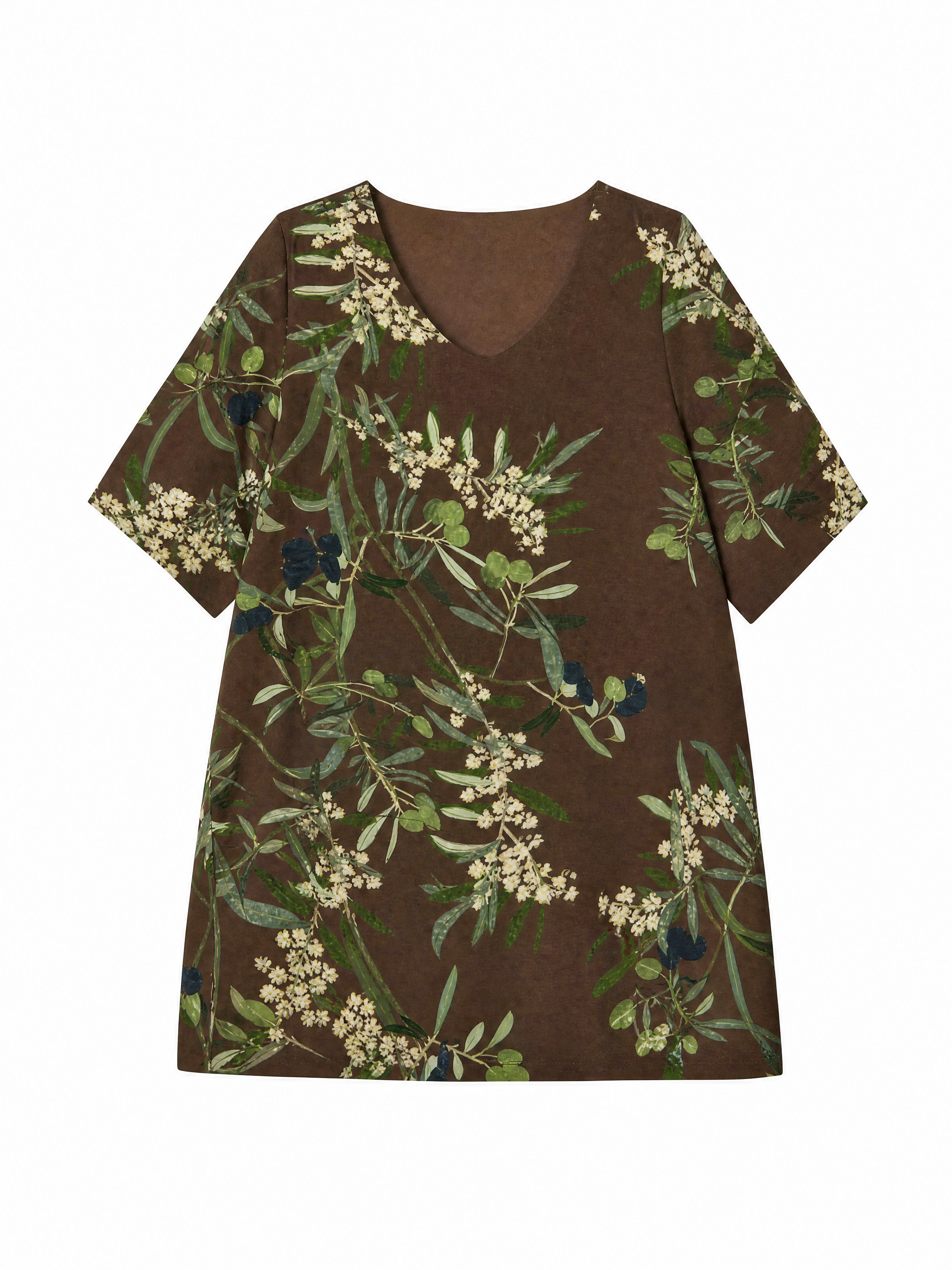 Relaxed‑Fit V‑Neck Batwing‑Sleeve Botanical Print Irregular Hem Summer Tunic W-43514