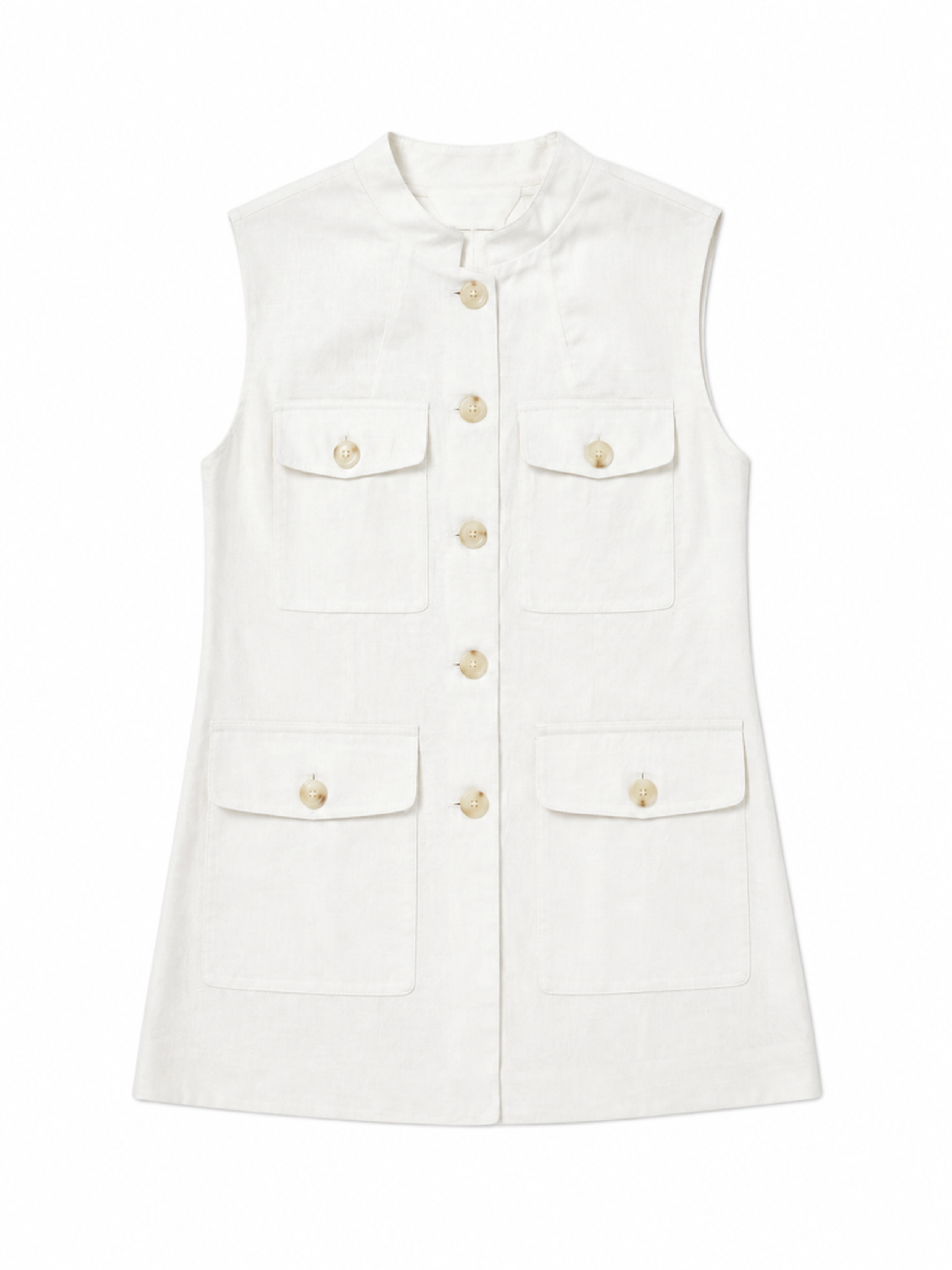 Women’s White Linen Utility Vest, Stand‑Collar Sleeveless Button‑Front Waistcoat With Multi‑Pockets W-43595