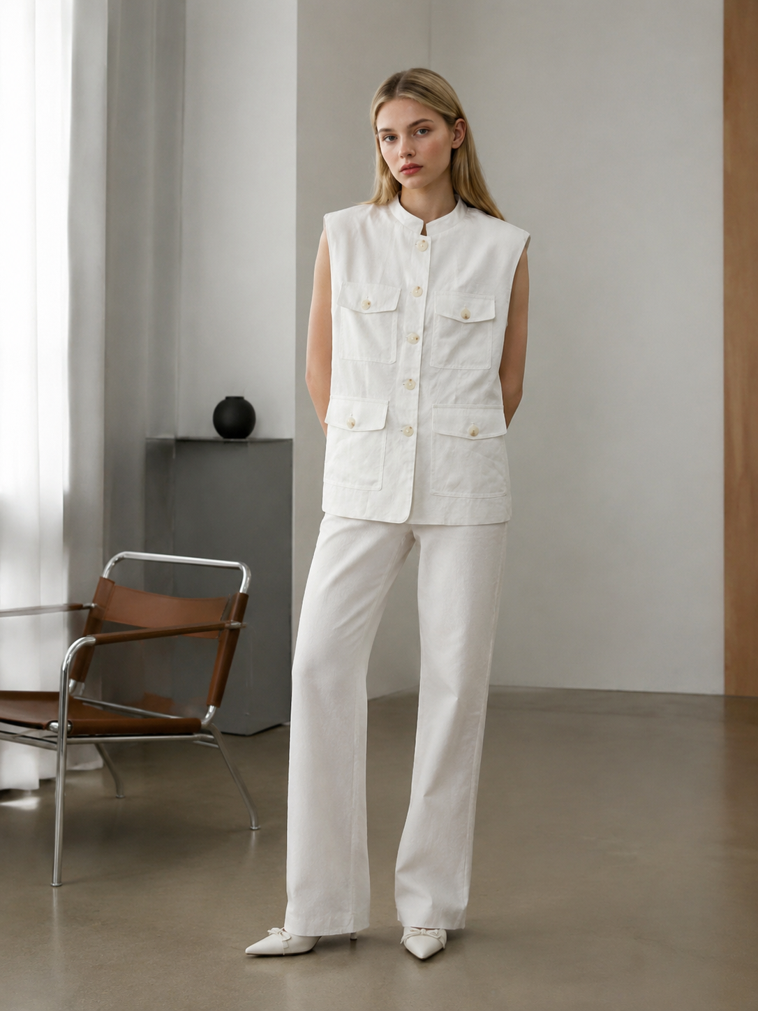 Women’s White Linen Utility Vest, Stand‑Collar Sleeveless Button‑Front Waistcoat With Multi‑Pockets W-43595