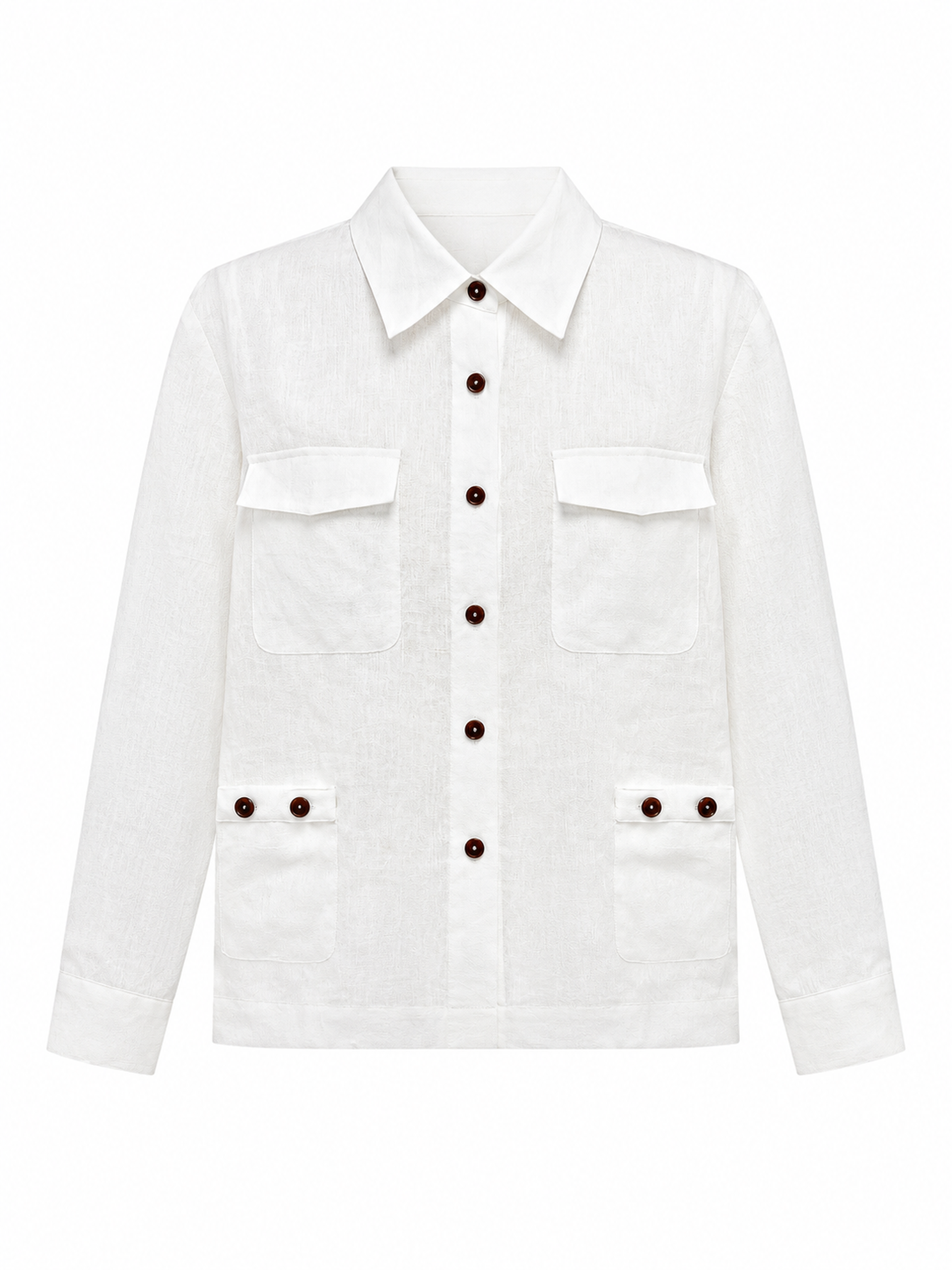 Vintage‑Style White Linen Safari‑Inspired Button‑Front Long‑Sleeve Overshirt W-43602