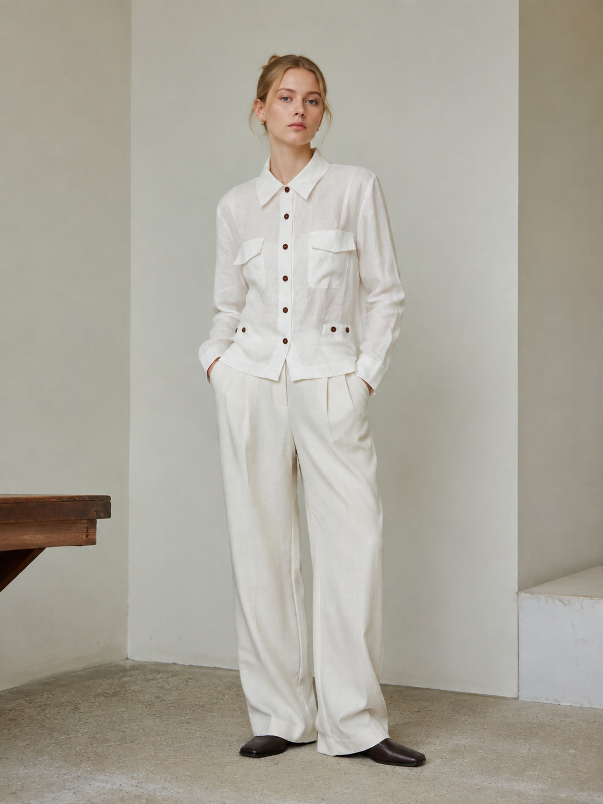 Vintage‑Style White Linen Safari‑Inspired Button‑Front Long‑Sleeve Overshirt W-43602