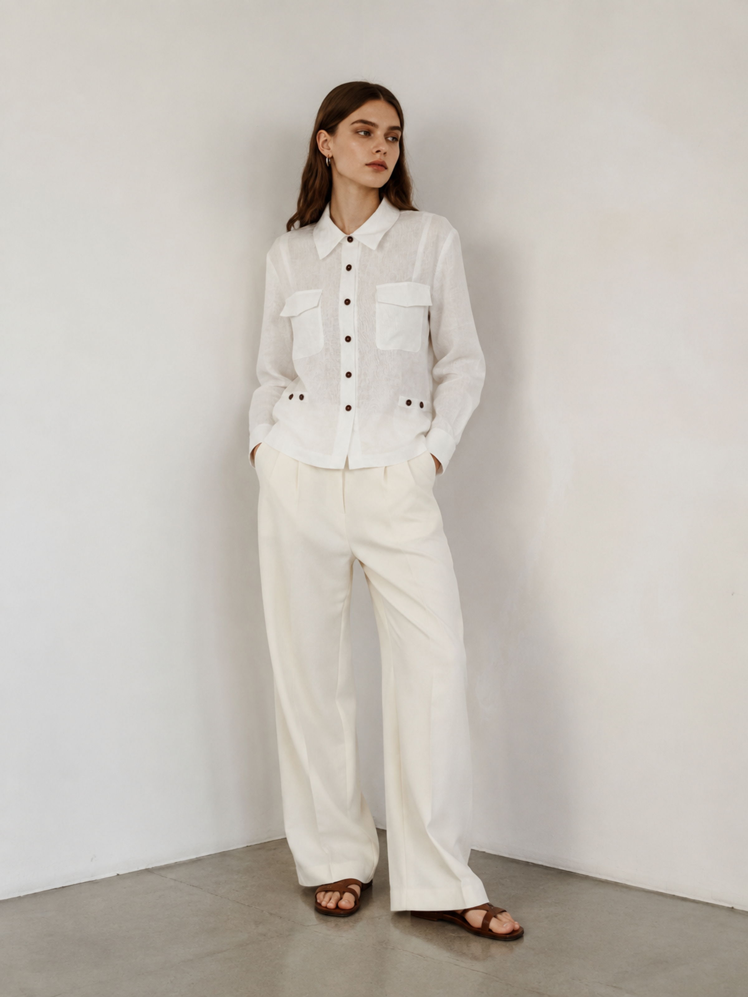 Vintage‑Style White Linen Safari‑Inspired Button‑Front Long‑Sleeve Overshirt W-43602