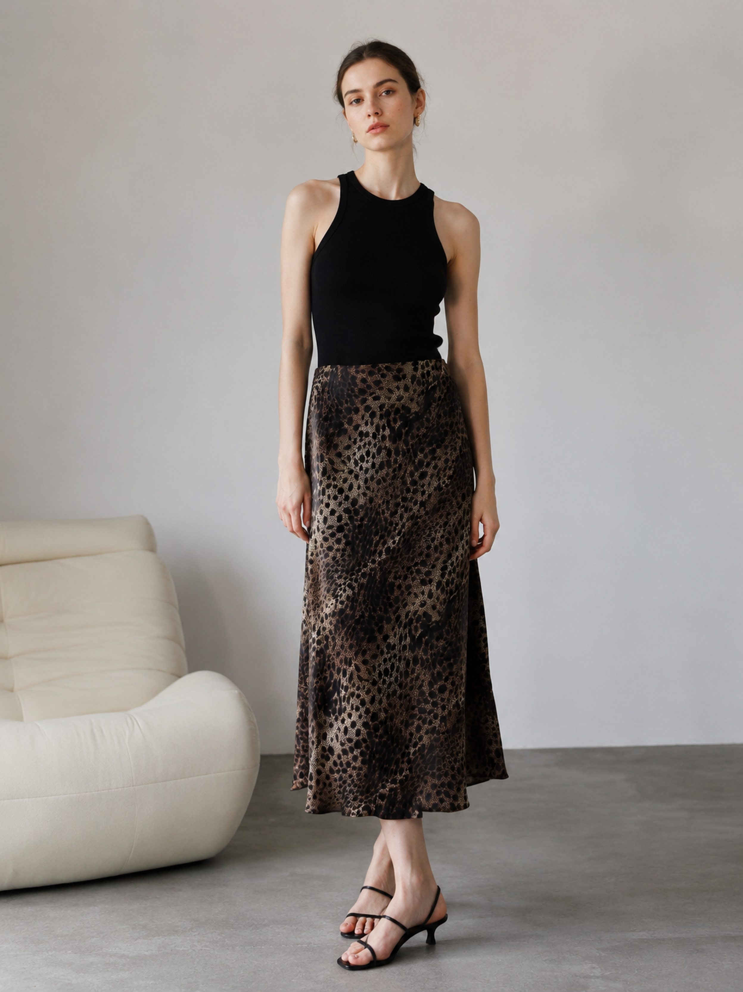 High‑Waisted Leopard Print Flowy Midi Skirt, Satin‑Like Casual Long Skirt For Women XW-42334
