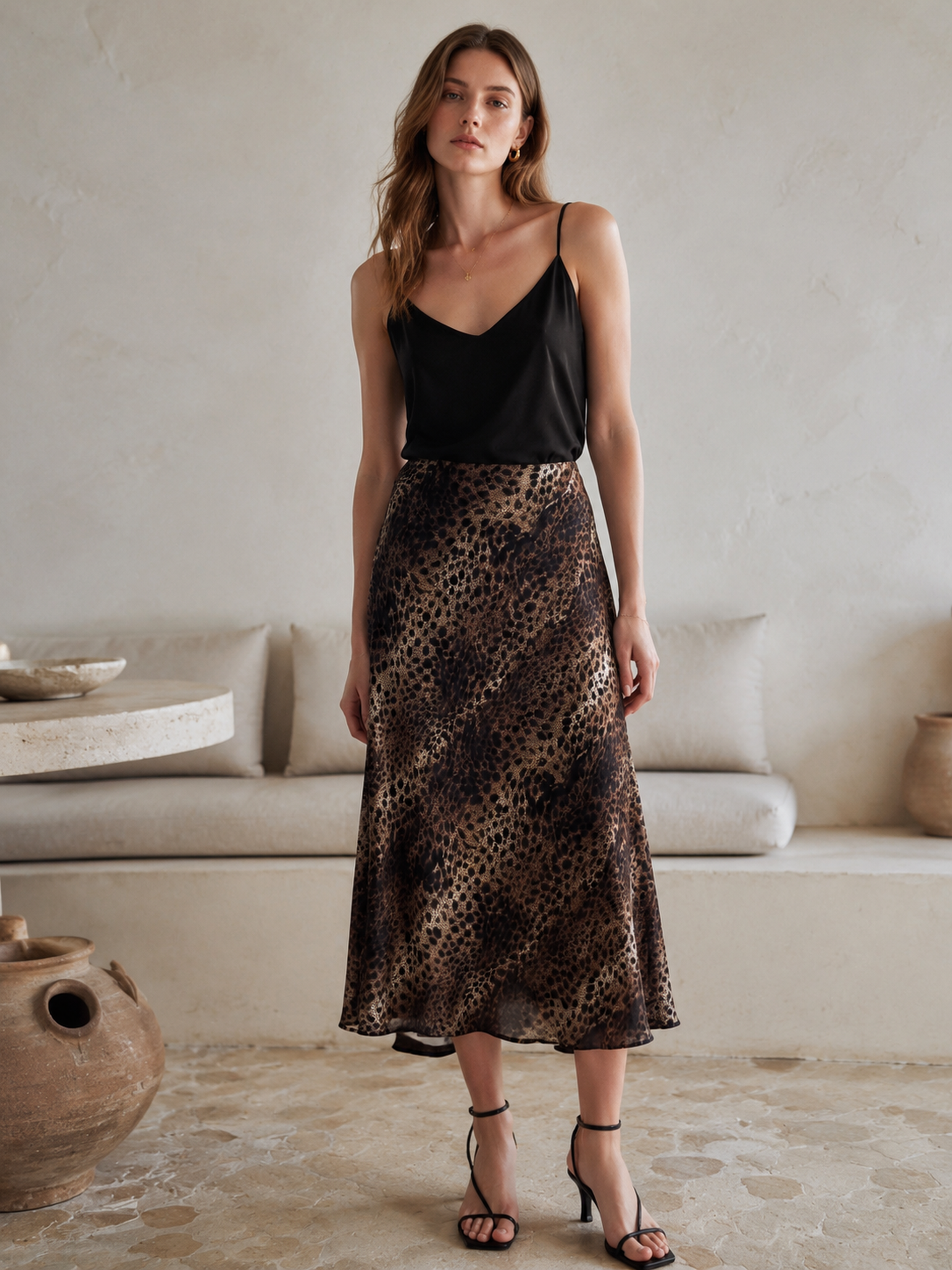 High‑Waisted Leopard Print Flowy Midi Skirt, Satin‑Like Casual Long Skirt For Women XW-42334