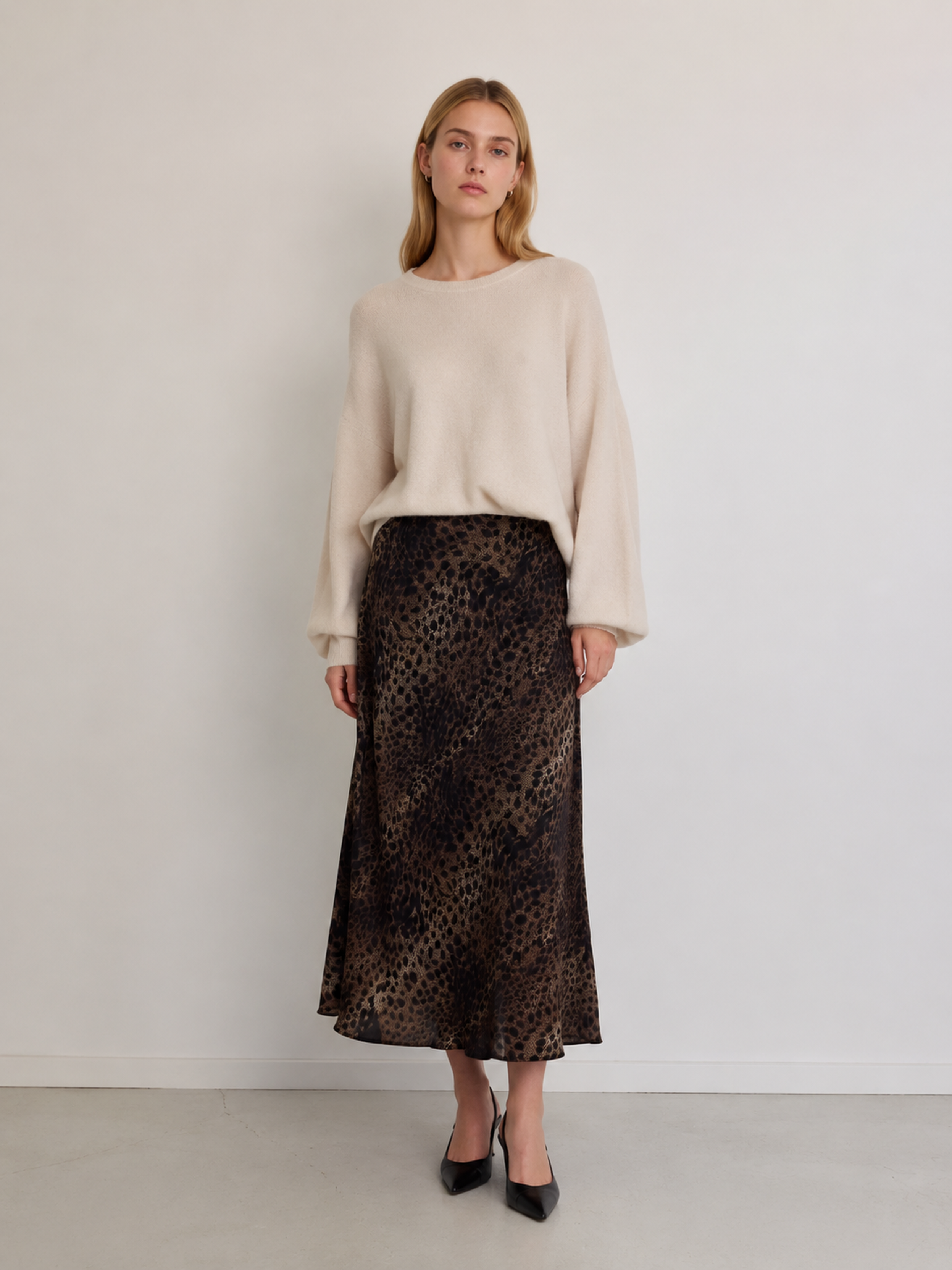 High‑Waisted Leopard Print Flowy Midi Skirt, Satin‑Like Casual Long Skirt For Women XW-42334