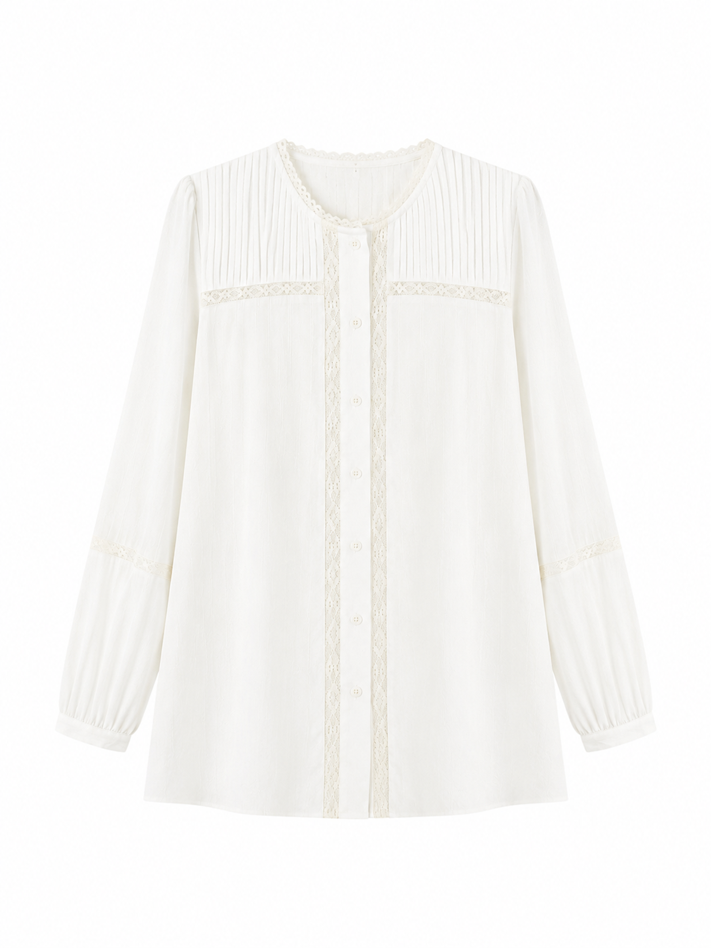 Vintage White Lace Trim Round‑Neck Blouse, Lantern Puff Long‑Sleeve Button‑Front Top Y-39797