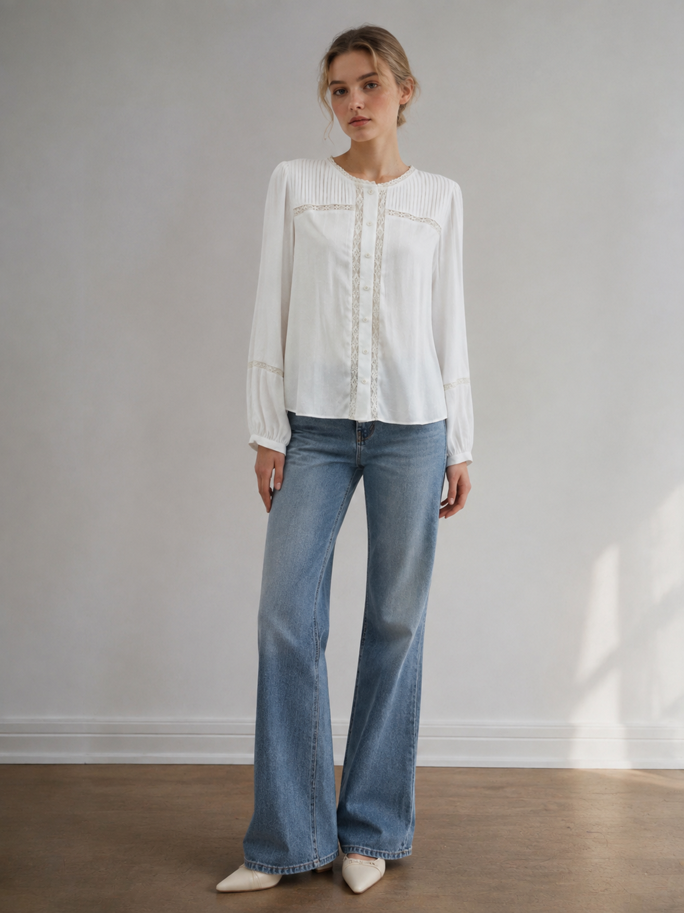 Vintage White Lace Trim Round‑Neck Blouse, Lantern Puff Long‑Sleeve Button‑Front Top Y-39797