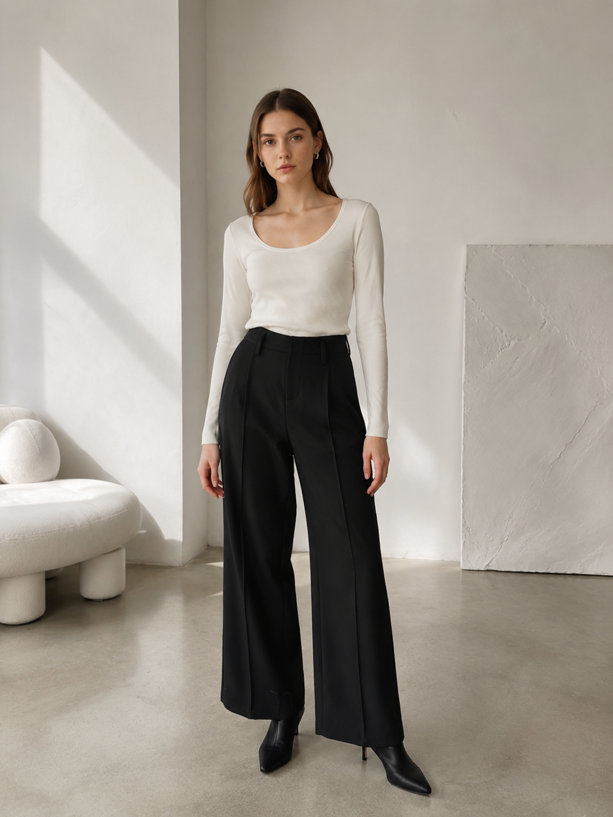 High‑Waisted Solid Black Wide‑Leg Pants, Tailored Pleated Formal Office Trousers For Women YB-007