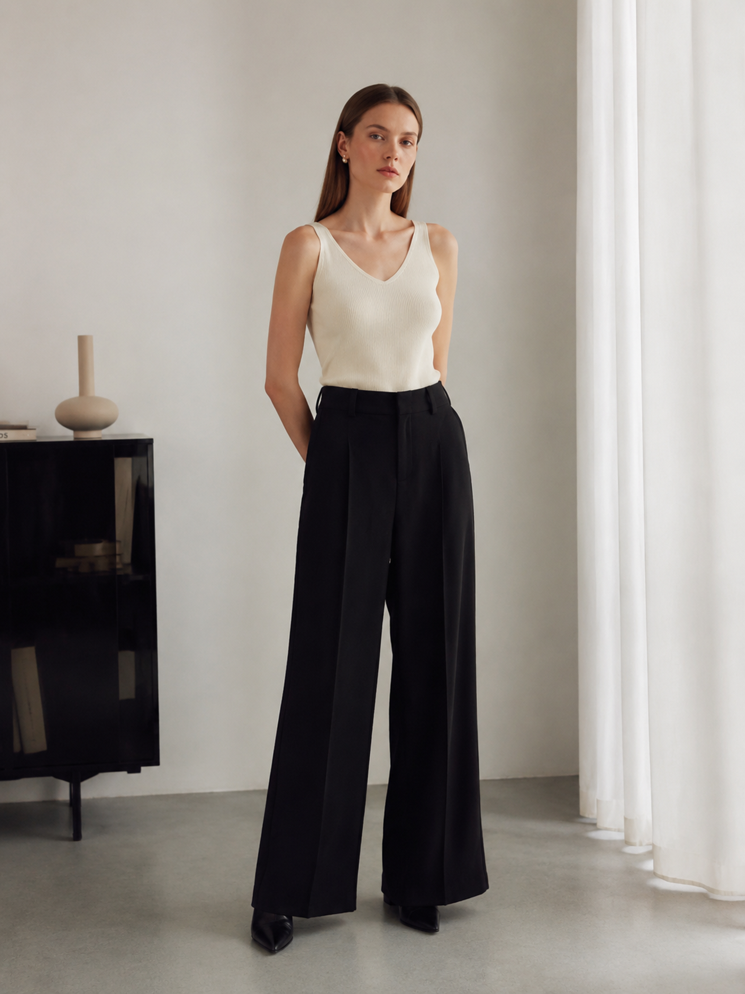 High‑Waisted Solid Black Wide‑Leg Pants, Tailored Pleated Formal Office Trousers For Women YB-007