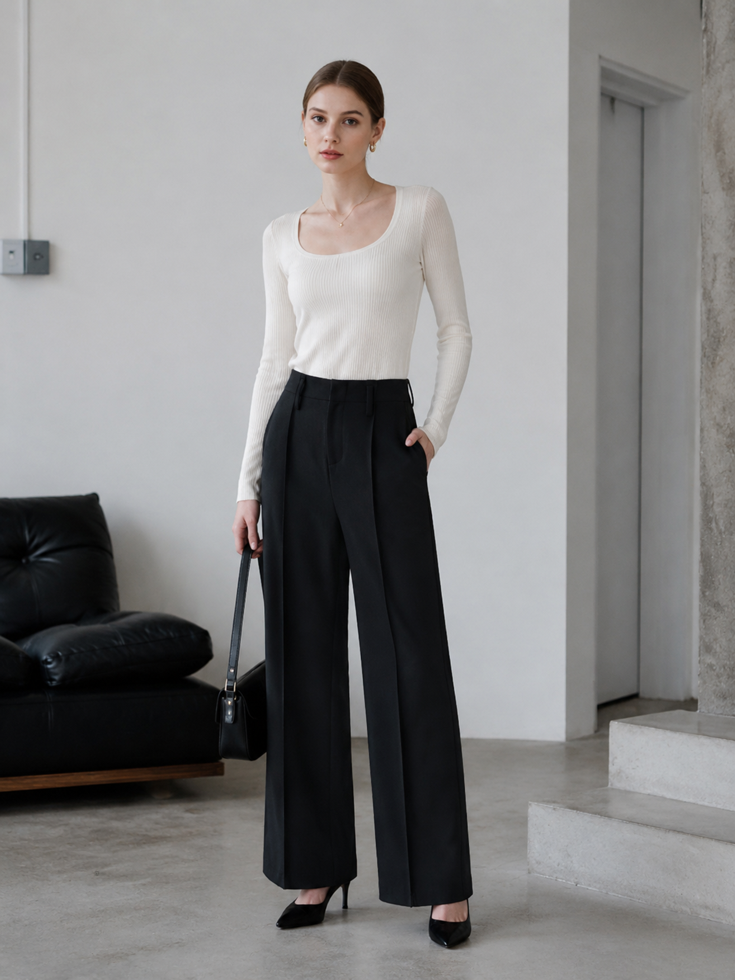 High‑Waisted Solid Black Wide‑Leg Pants, Tailored Pleated Formal Office Trousers For Women YB-007