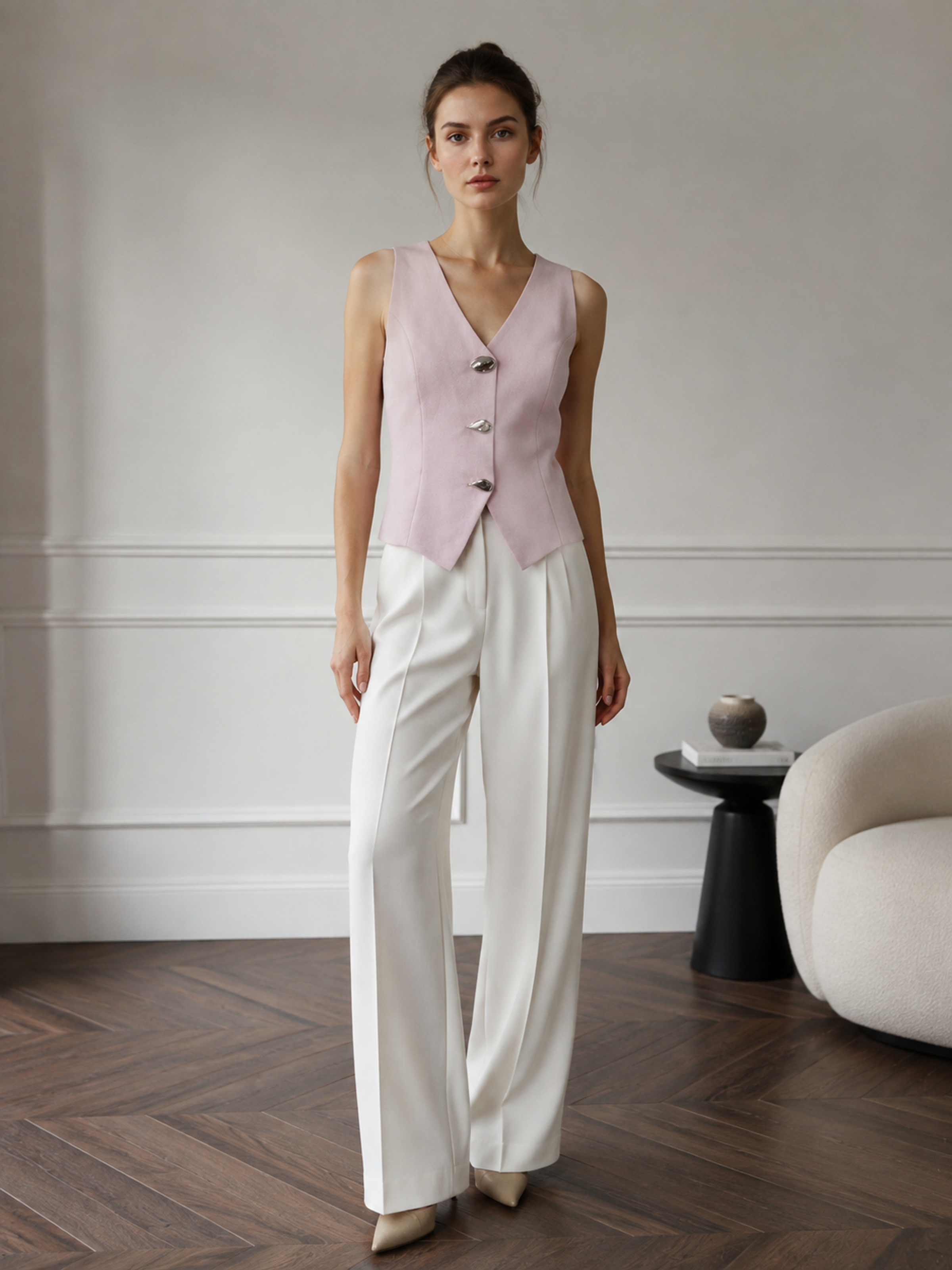 Blush Pink V‑Neck Linen‑Look Fitted Cropped Waistcoat Vest C-42786